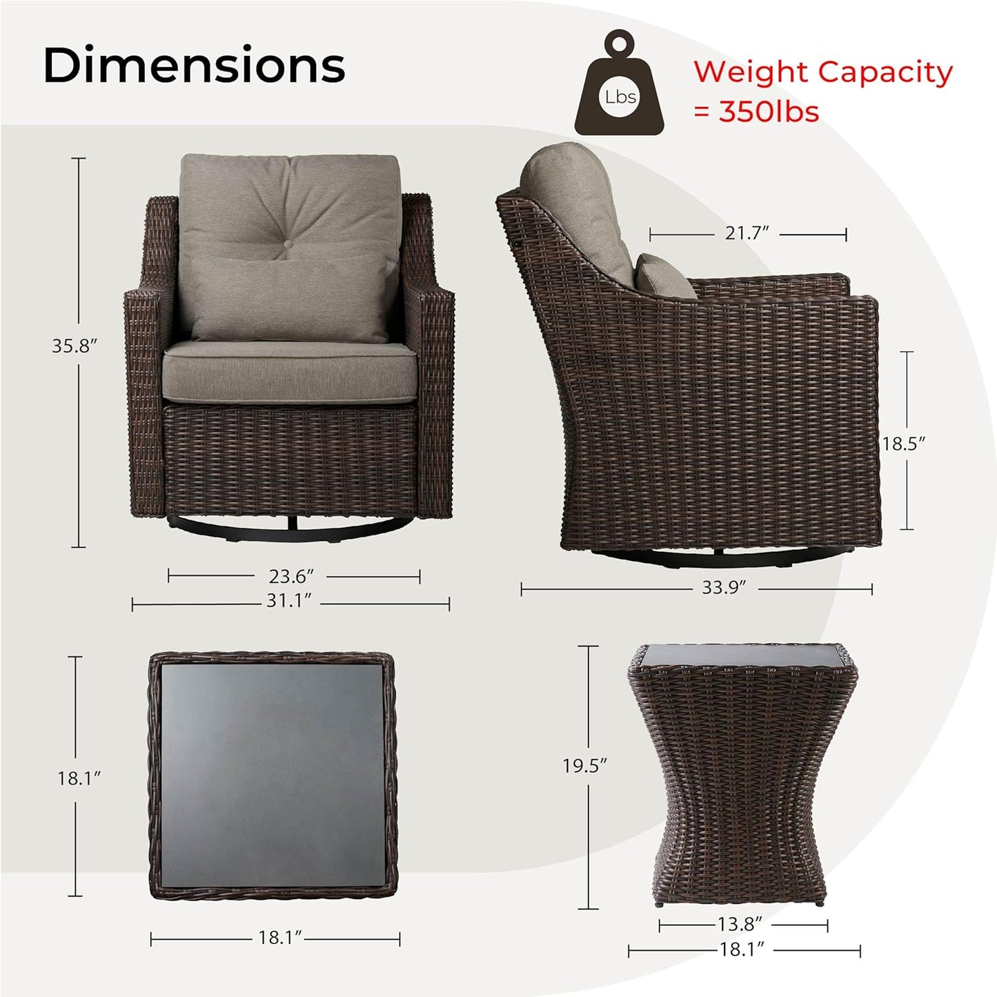 CHITA 3 Pieces Wicker Patio Bistro Set, Outdoor Furniture Set with 2 Pieces Rattan Rocking Swivel Chairs, Thickened Cushions and Side Table