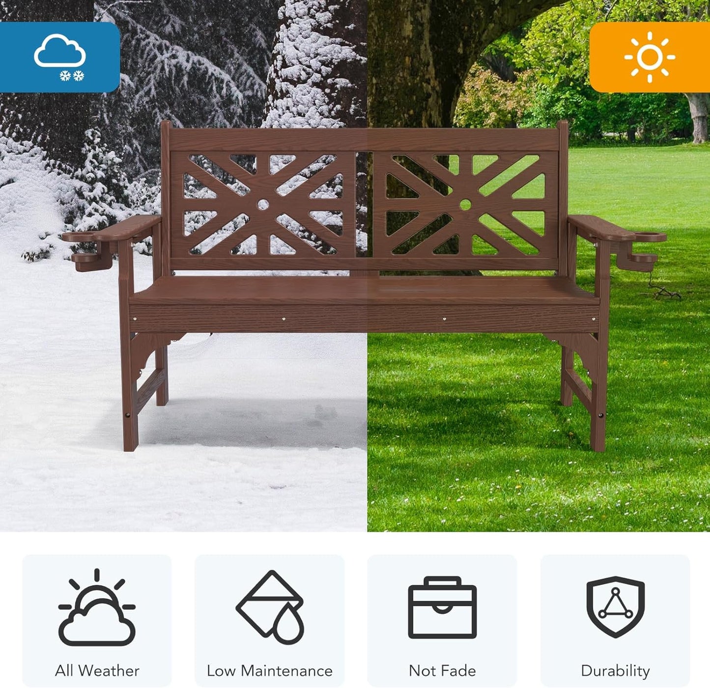 Oversized Outdoor Bench with Cup Holders, 51.5” HDPE Aesthetic Garden Bench for 2 Person, Memorial Benches - Easy Assembly & All Weather, for Porch & Patio, 800lbs Load Capacity (Brown, 1pc)