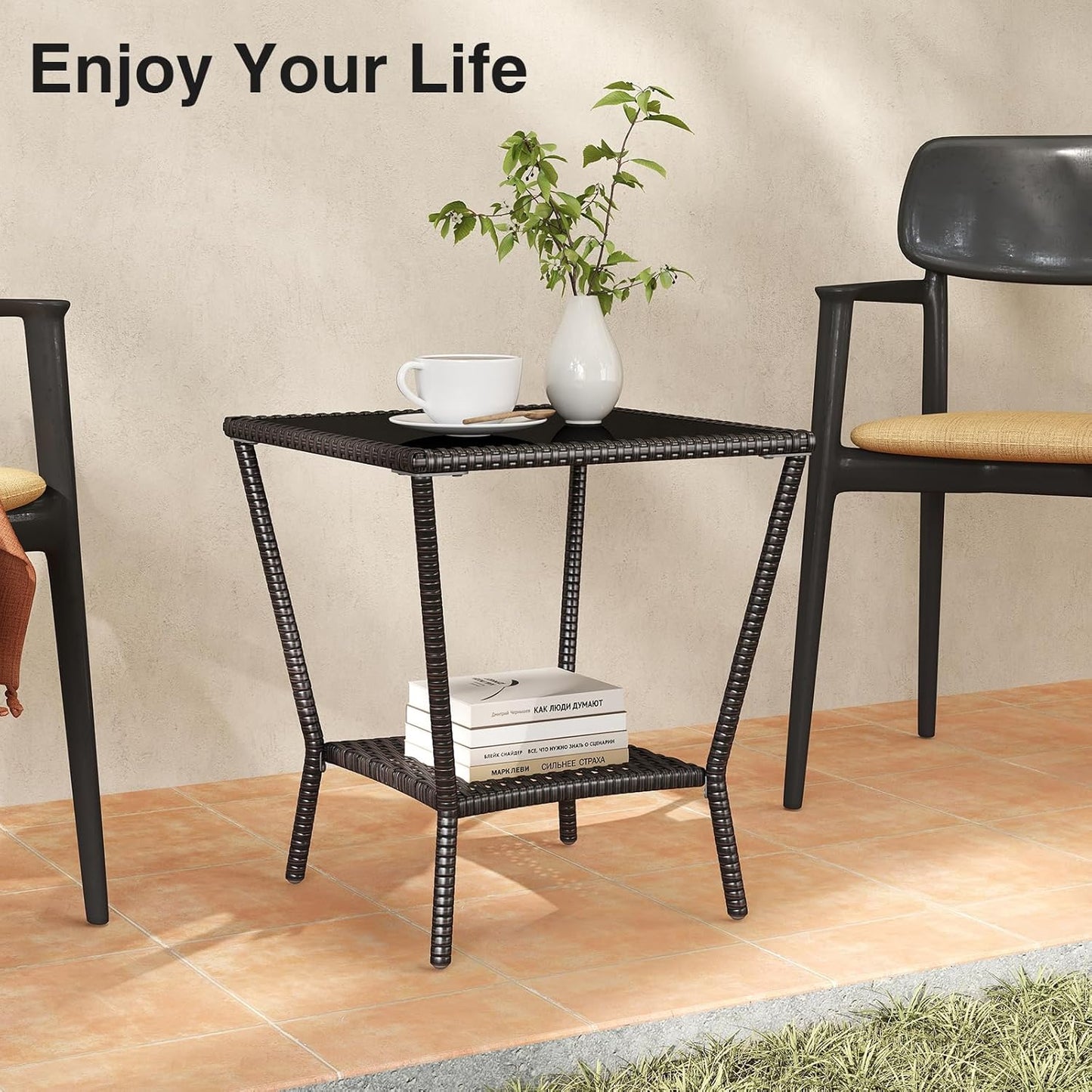 Outdoor Small Patio Table - PE Rattan Coffee Table, Wicker Side Table for Patio, Balcony & Porch, Durable & Iron Frame (1, Black Brown)