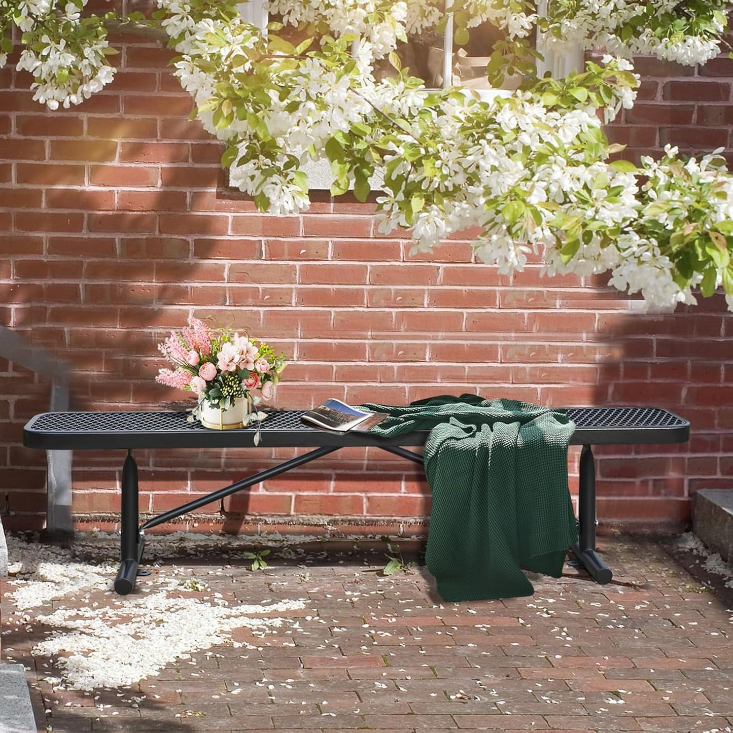 Heavy-Duty Park Bench or Table for Outside - Black Coated Outdoor Furniture Steel Bench, Commercial-Grade Outdoor Benches Weatherproof for Park, Patio, Porch (Black, 6FT (Without Backrest))