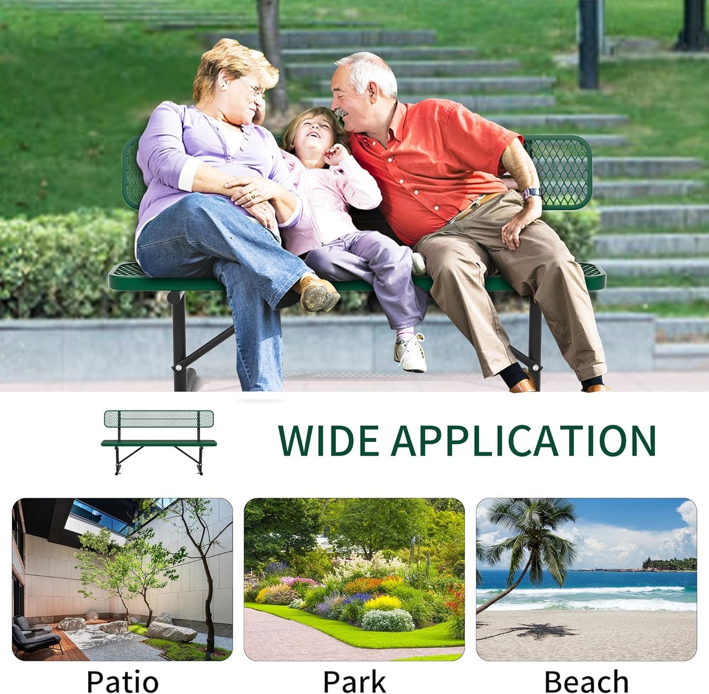 6 Feet Heavy Duty Metal Park Bench for Outside, Outdoor Bench with Backrest & Portable Frame, Commercial Benches for Shopping Malls, Stores, Parks, Patios, Decks, Green