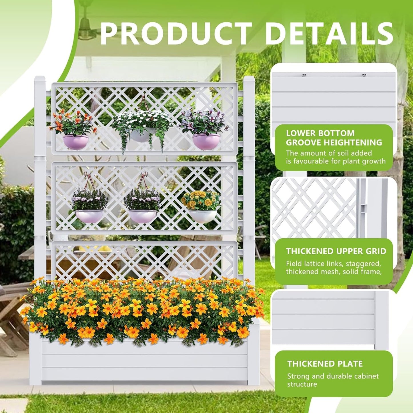 59.3in Planter Box Trellis, Large Outdoor Plastic Raised Garden Bed with Drain Plug for Climbing Plants(Ashen,43.43 * 18.27 * 59.29)