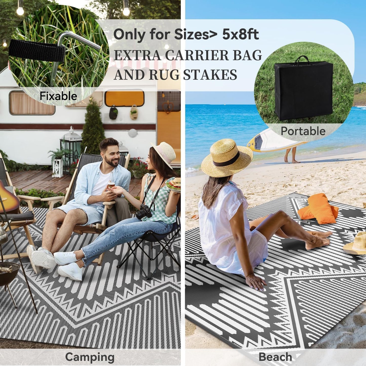 MontVoo Outdoor Rug-Waterproof Camping Rug Patio Rug Mat 6x9 Reversible Plastic Straw Outside Outdoor Rug for RV Camping Picnic Beach Balcony Backyard Pool Deck Porch Modern Boho Grey