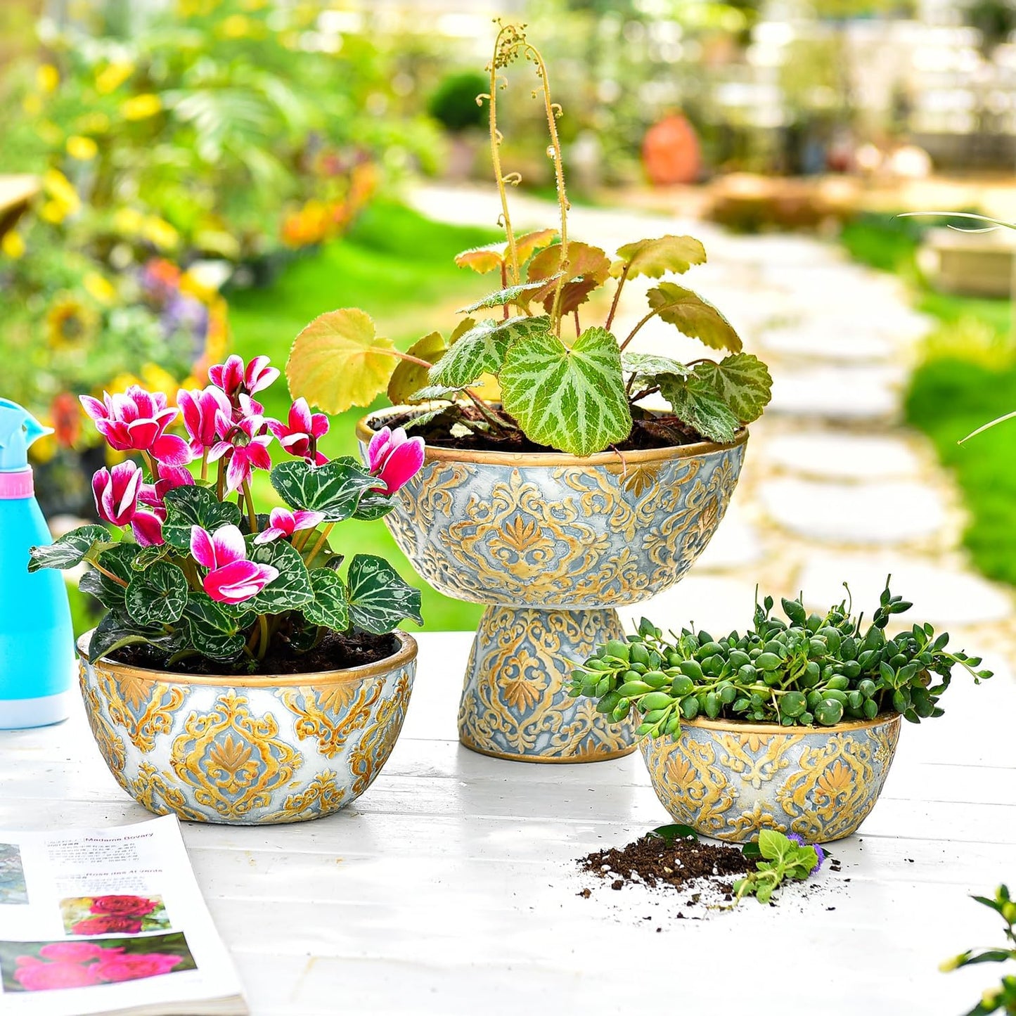 Sungmor Cement Planter Succulent Pots, Set of 3 Concrete Cactus Plant Pot with Drainage Hole, Embossed Design Flower Pot for Home Office Decor, 5.9" & 7.5" & 9.4" Indoor Outdoor Plants Container