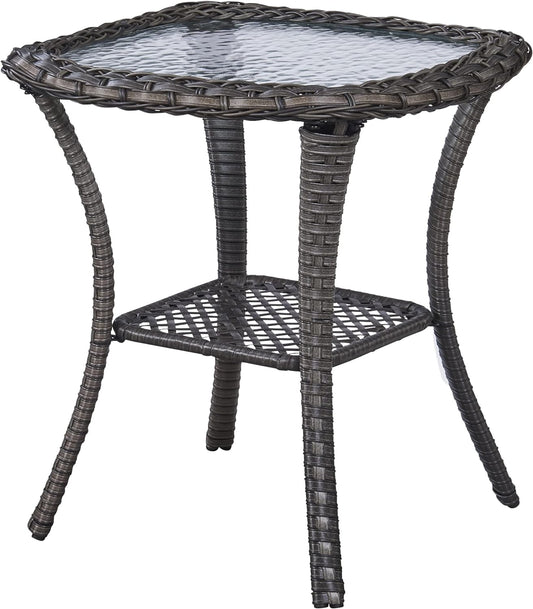 Patio Tables Wicker Side Table - Rattan End Table with Glass Top for Outdoor Outside Patio Porch Deck Square Brown