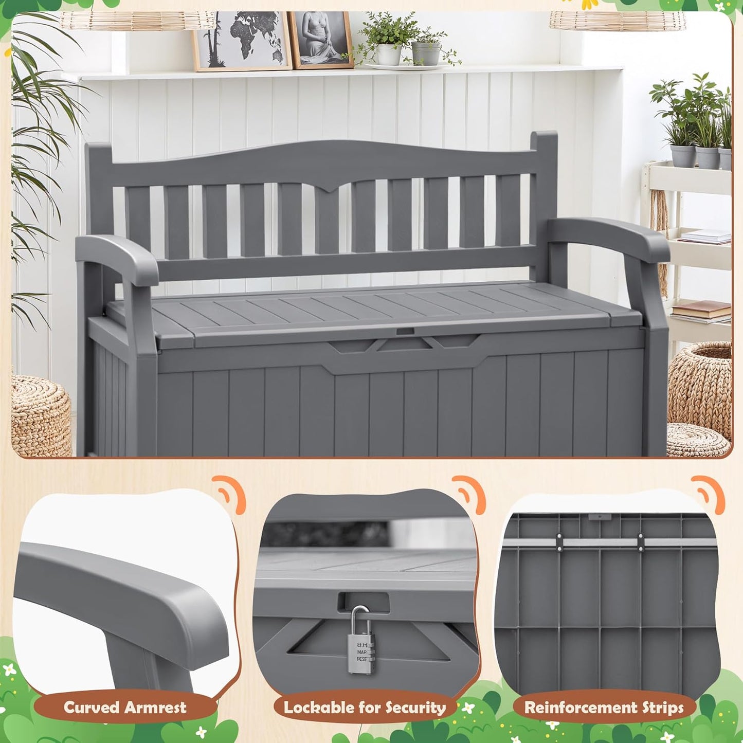 JUMMICO 80 Gallon Resin Outdoor Storage Bench, Large Deck Box with Armrest, Lockable & Waterproof for Garden, Home, Patio, Pools (Grey)