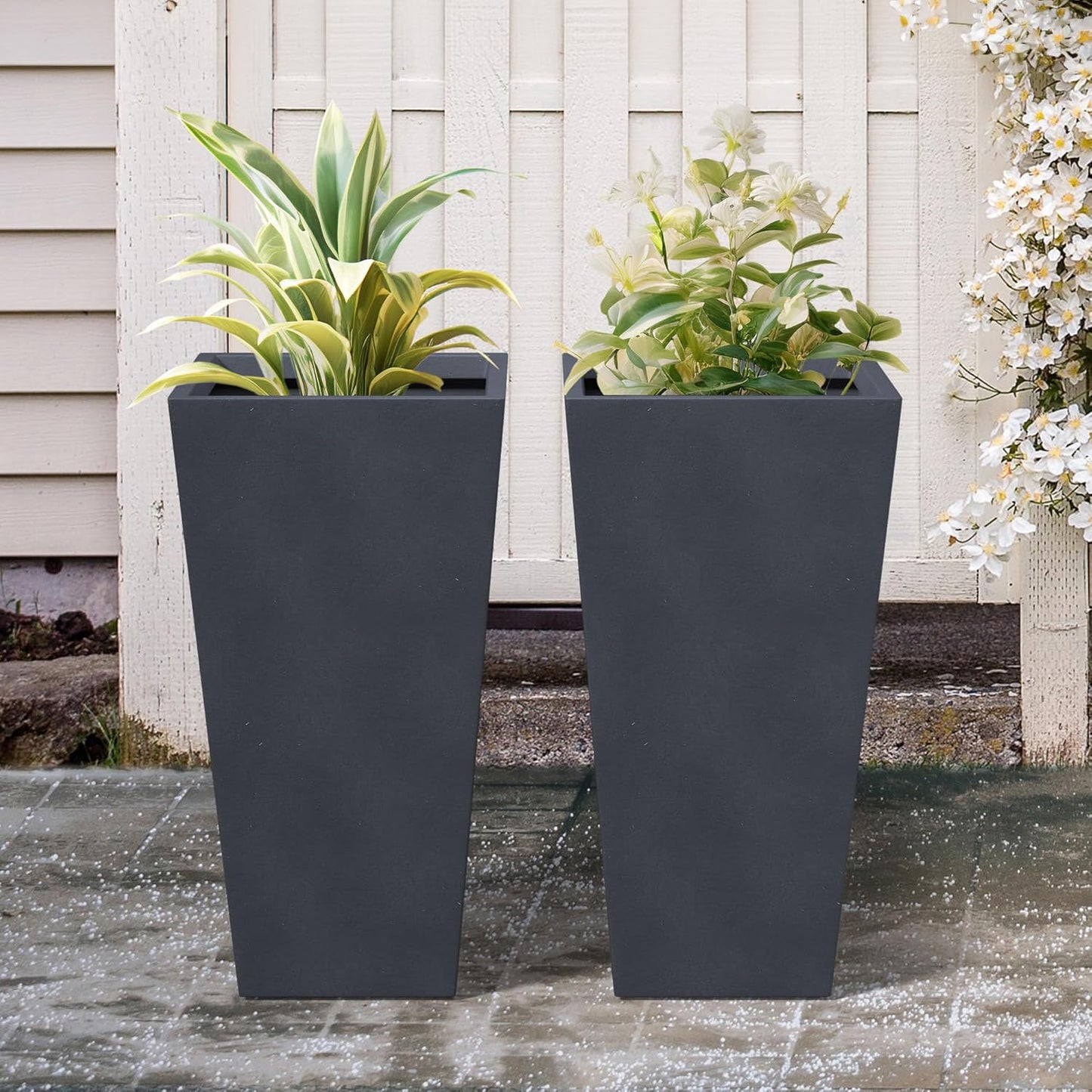 Kante 24.4 Inch Tall Tapered Concrete Planter (Set of 2), Modern Style Large Plant Pot with Drainage Hole and Rubber Plug for Patio, Backyard, Porch, Suitable for Indoor Outdoor Plants, Charcoal