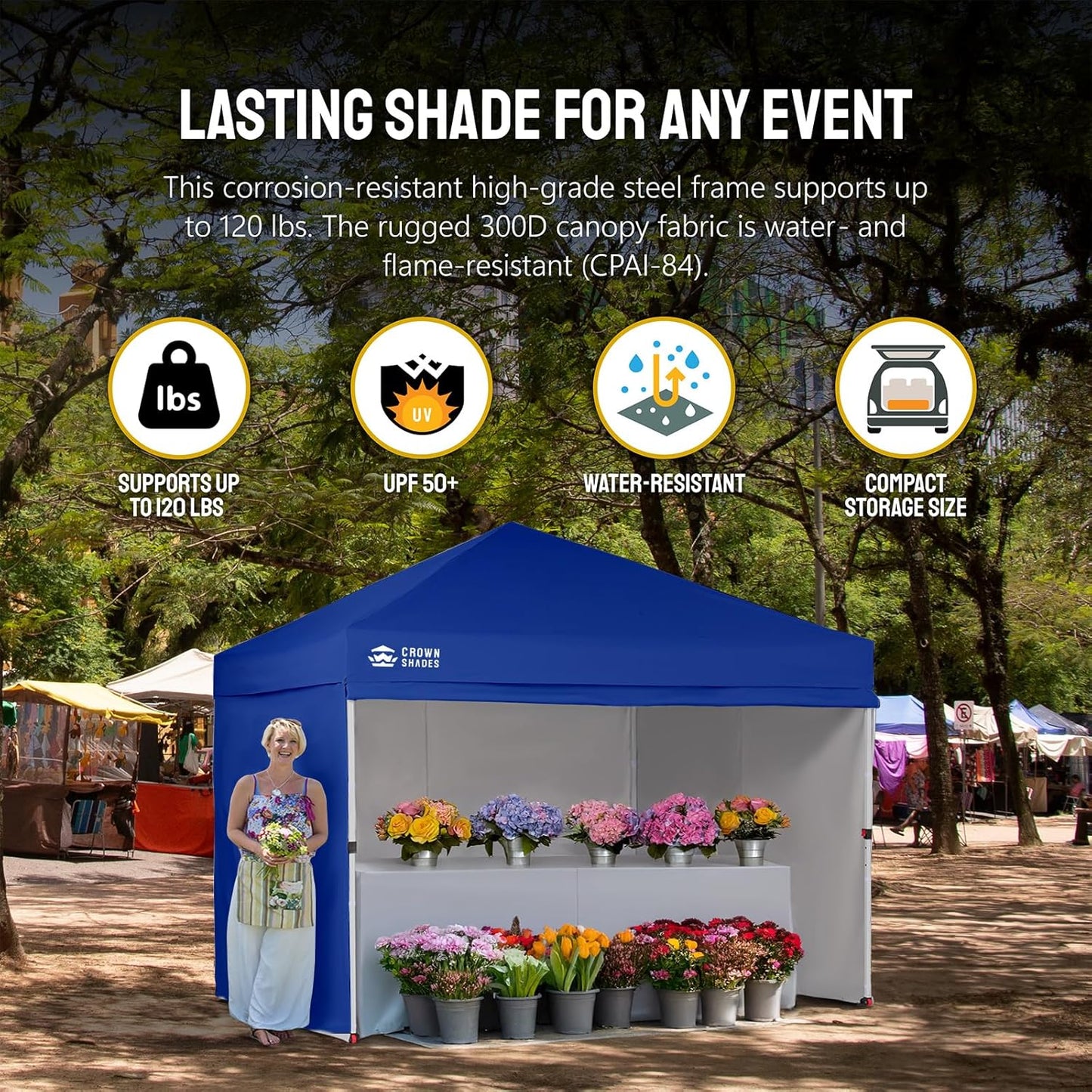 CROWN SHADES 10X10 Comercial Instant Canopy Pop Up Tent with Center Lock (10x10 with 4 Sidewalls, Navy Blue)