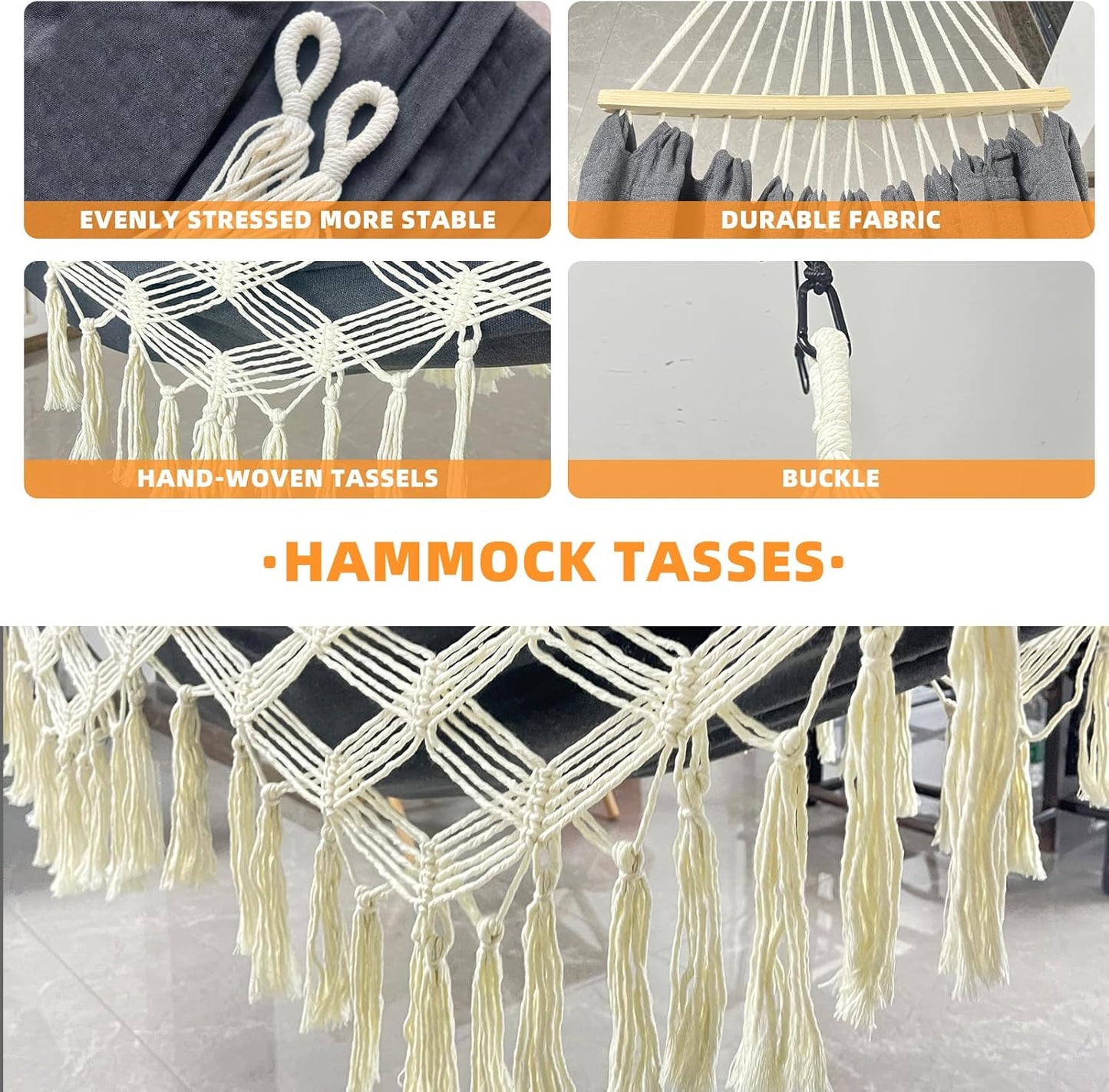 Hammock Hanging Swing Double Max 500lbs Macrame for Indoor Outdoor Patio Yard Garden (Black Gray)