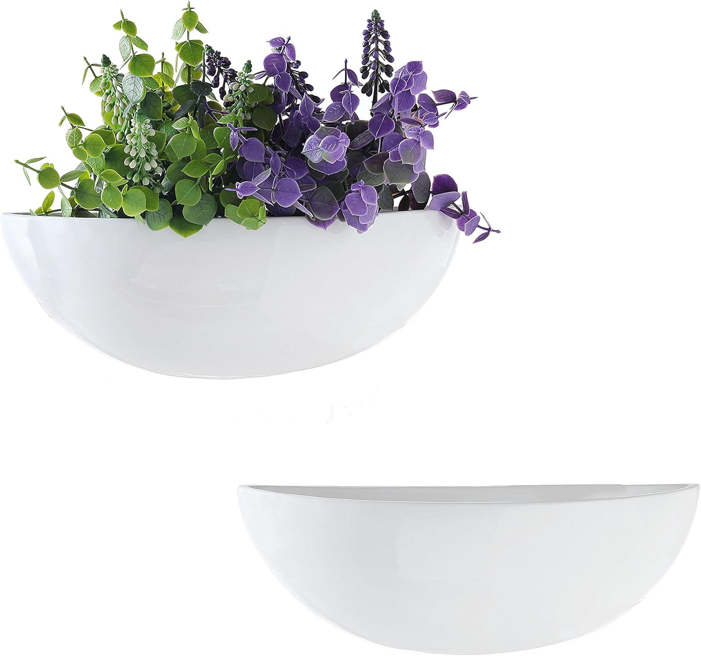 MyGift White Ceramic Wall Planters for Indoor Plants, Half Bowl Hanging Vase, Wall Mounted Succulent Planters, Set of 2