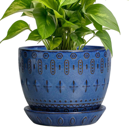 G EPGardening Plant Pot 5 Inch - Ceramic Planter for Indoor Plants Outdoor, Succulent Orchid Pot with Drainage Hole and Saucer, Round Flower Pot for Home Decor, Blue