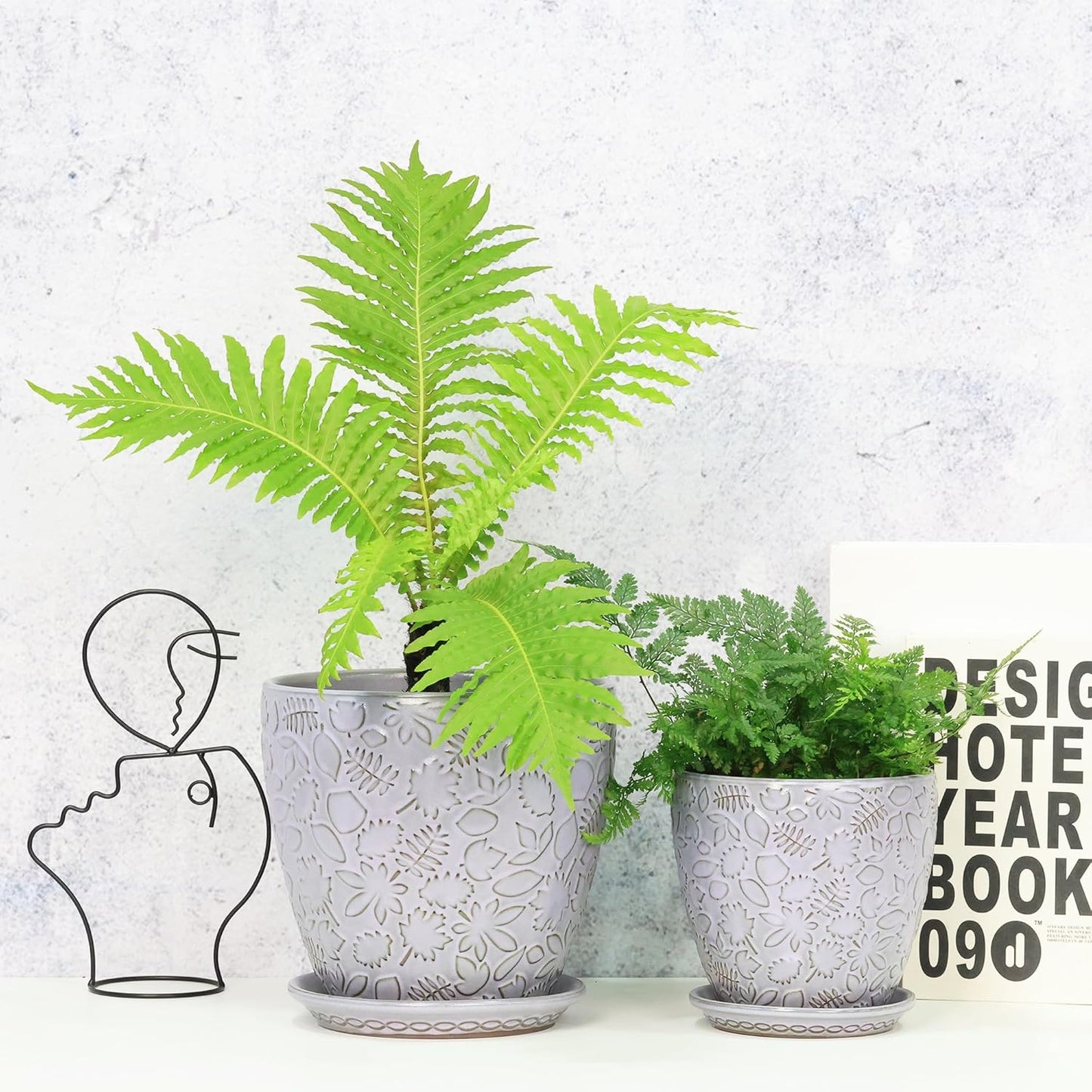 8 Inch + 6 Inch Retro Ceramic Planter Set of 2 with Drainage Hole and Saucer for Multiple Plants, Indoor-Outdoor Garden Pots for Succulent, Orchid, and Flower (Retro Purple)