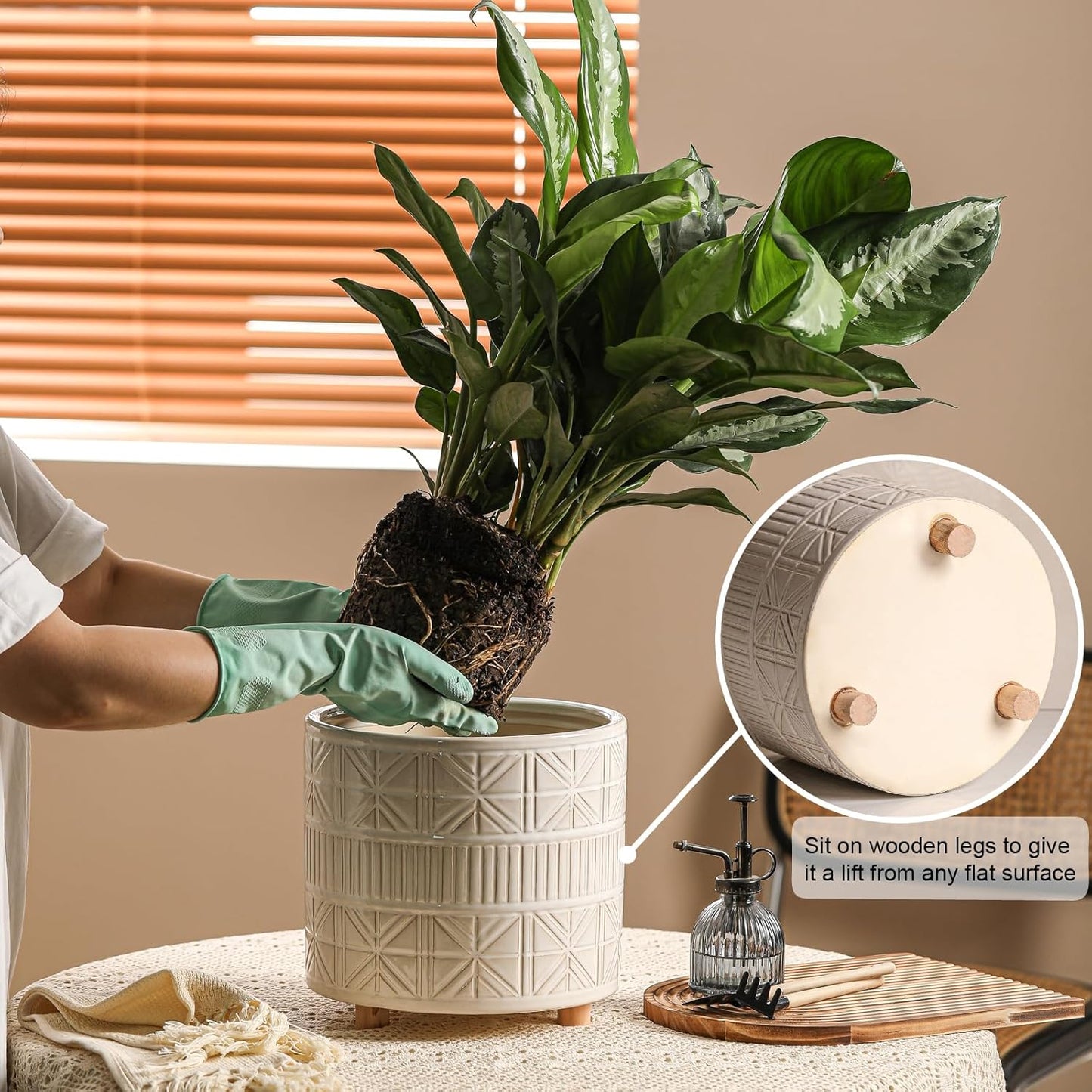 Ceramic Plant Pot with Foots: 10 Inch Planter with Wooden Legs - Large Pots for Indoor Plants - Modern Flower Pot for Home Office Patio Garden Windowsill