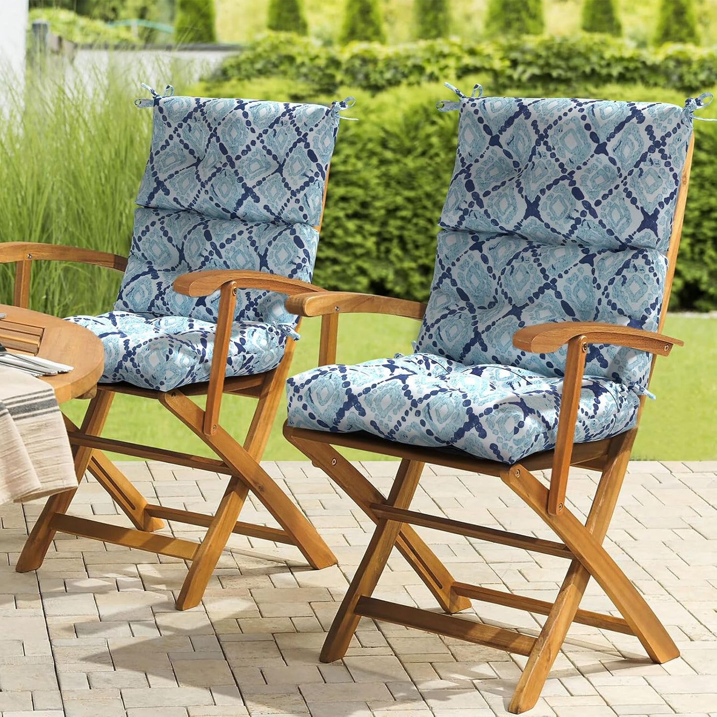 LVTXIII Outdoor Tufted High Back Cushions Set of 2 Patio Seasonal Replacement Rocking Chair Cushion with Ties, Solid Seat and Back Chair Cushion, (44” L x 22W”, Boho Geometry Blue)
