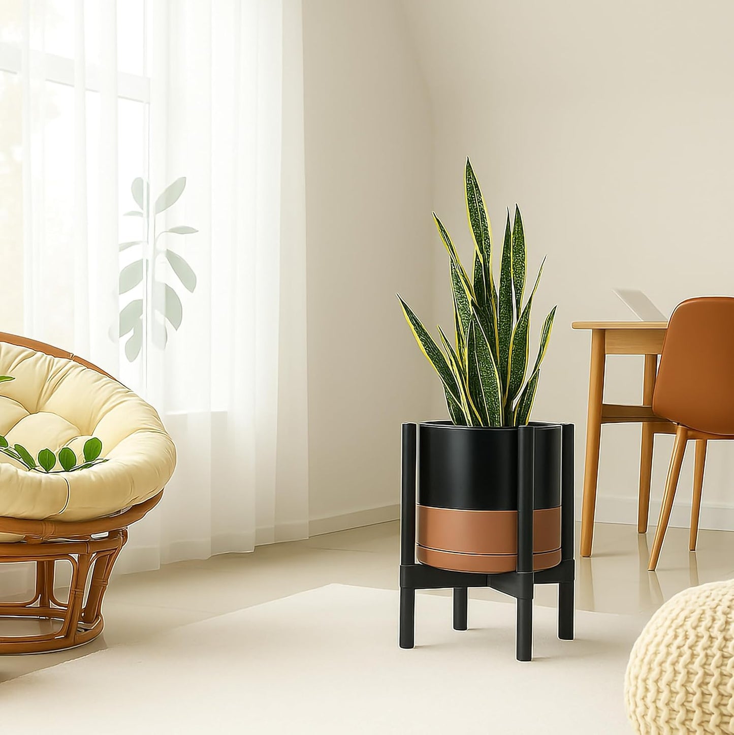 D'vine Dev Ceramic Planter with Ebony Stand - 12 Inch Modern Round Flower Pot with Wood Planter Holder, Black/Speckled Tan, 55-B-H-7