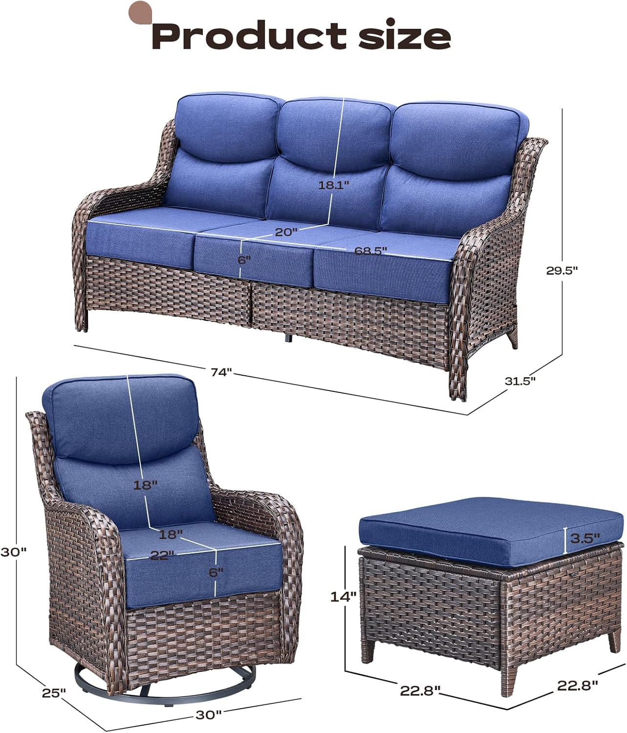 Wicker Outdoor Patio Furniture Set - 7 Piece Patio Conversation Sets with Swivel Rocker Chairs, Ottomans and Sofa, 6 inch Cushions, Waterproof Wicker, for Porch Deck Brown/Blue