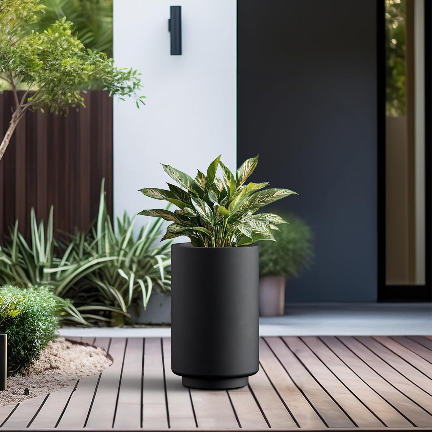 Kante 15.7 Inch Tall Concrete Planter, Round Pedestal Design Garden Pot for Indoor Outdoor Plants, Modern Garden Pot with Drainage Hole, Black Finish with Warm Brown Interior