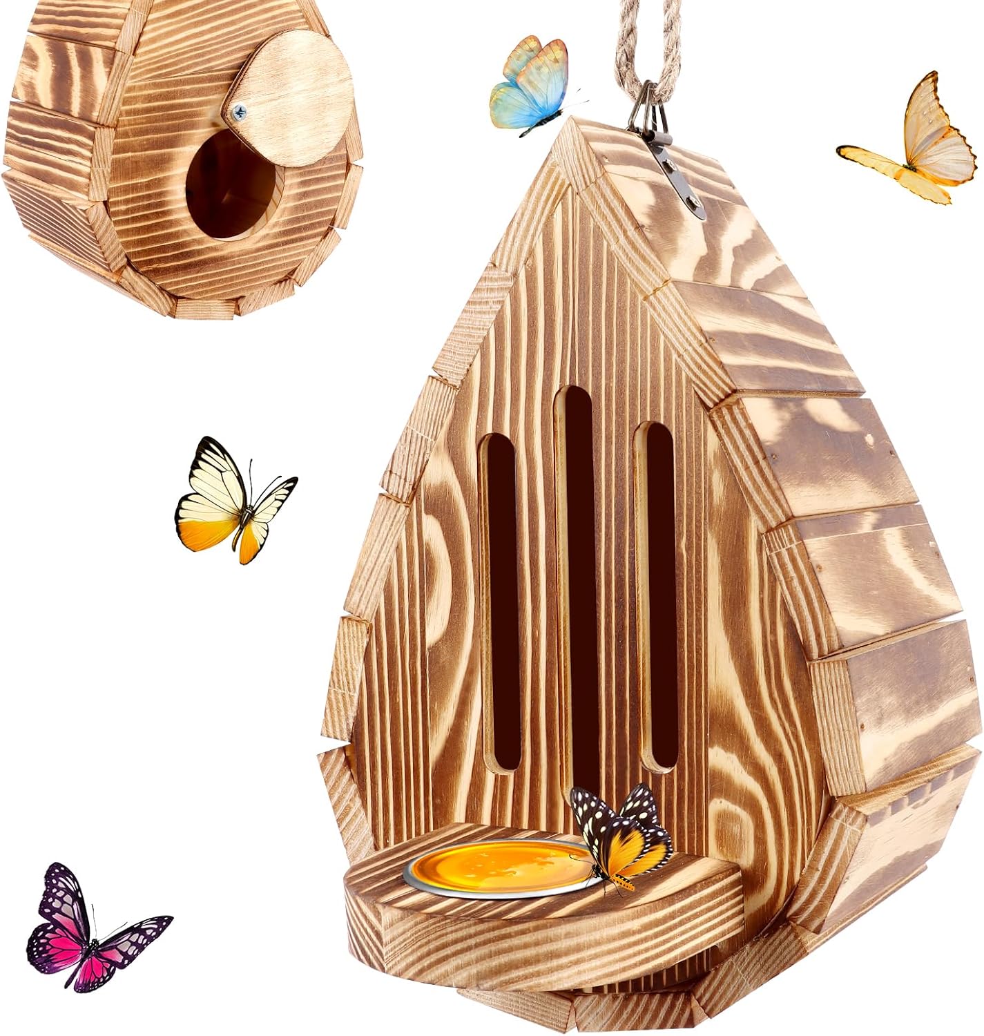 Wooden Butterfly House and Feeder, Hanging Butterfly House for Garden, Natural Butterfly Habitat with Butterfly Puddler for Outside Butterflies, Moths - Backdoor, Easy to Clean