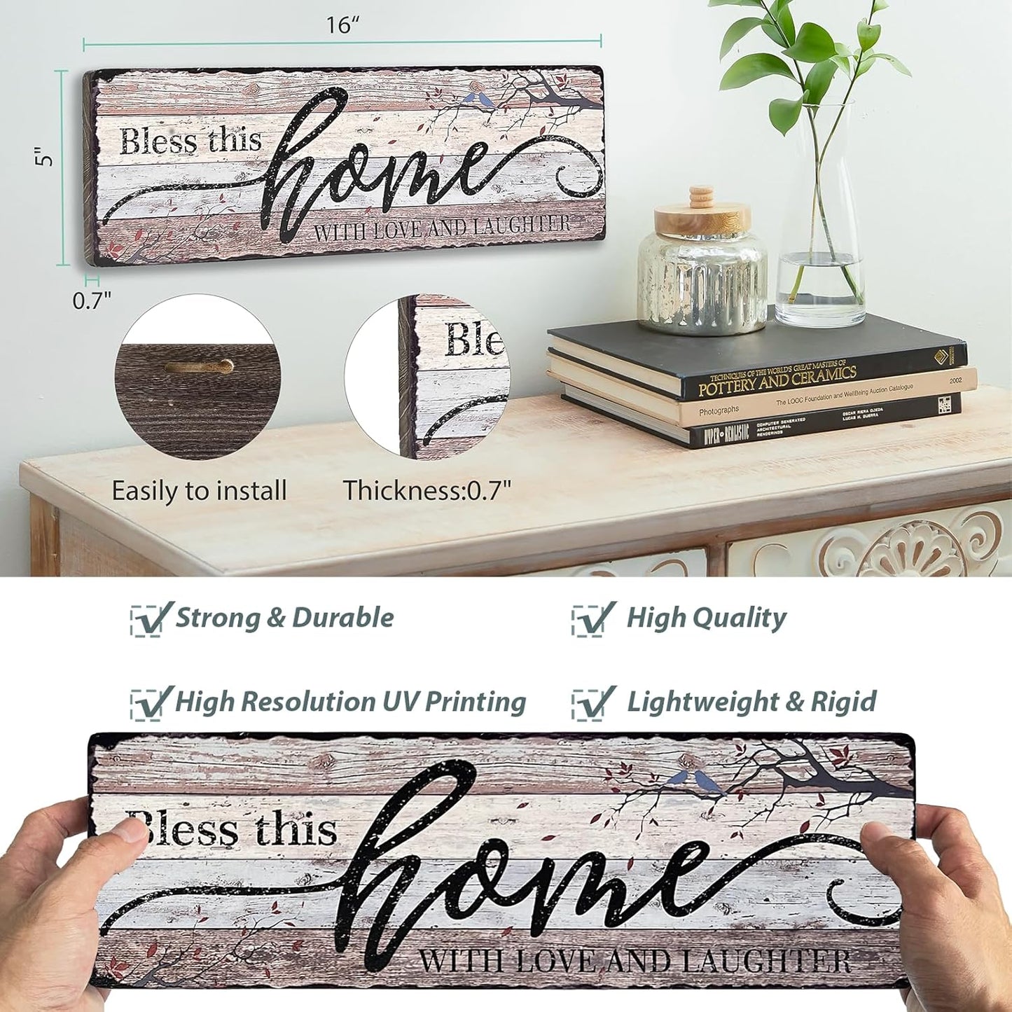 Home Sign Wall Decorations for Living Room Bless - This Home with Love and Laughter - Family Wall Decor Signs for Kitchen Bedroom Dining Room 16x5 Inches