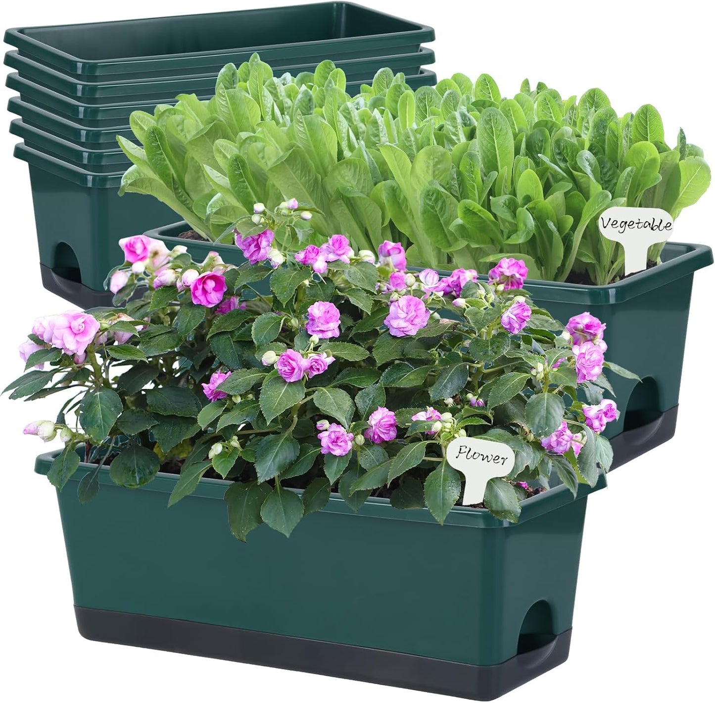 Window Box Planter 8 Pcs, 17 Inches Rectangle Flower Pots with Drainage Holes and Trays, Vegetable Planters for Windowsill Patio Garden Balcony Home Porch Yard Indoor Outdoor (Dark Green)