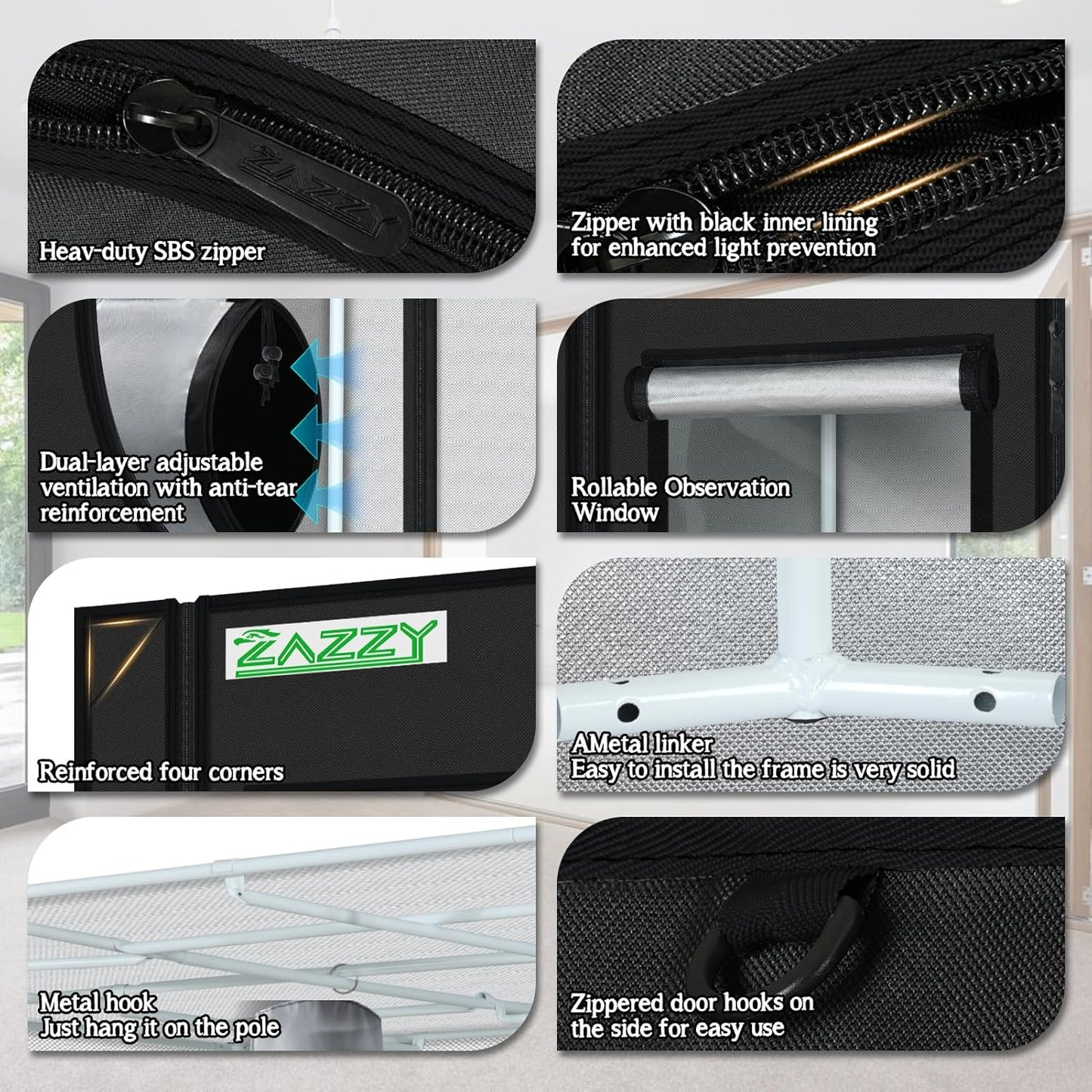 zazzy Large Grow Tent 96"x96"x78", High Reflective Mylar Grow Room with Observation Window, Removable Floor Tray and Tool Bag for Planting Indoor Fruit Flower Veg 8x8