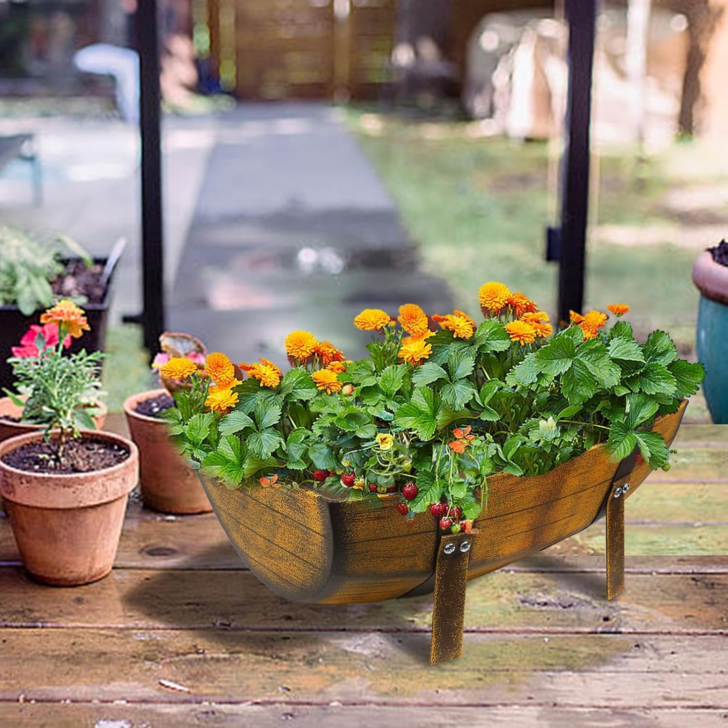 15.43In 2 Pack Rustic Barrel Planters, Decorative Outdoor Garden Backyard Planter with Legs, Metal Flower Pot Half Barrel Planter Box, Brown