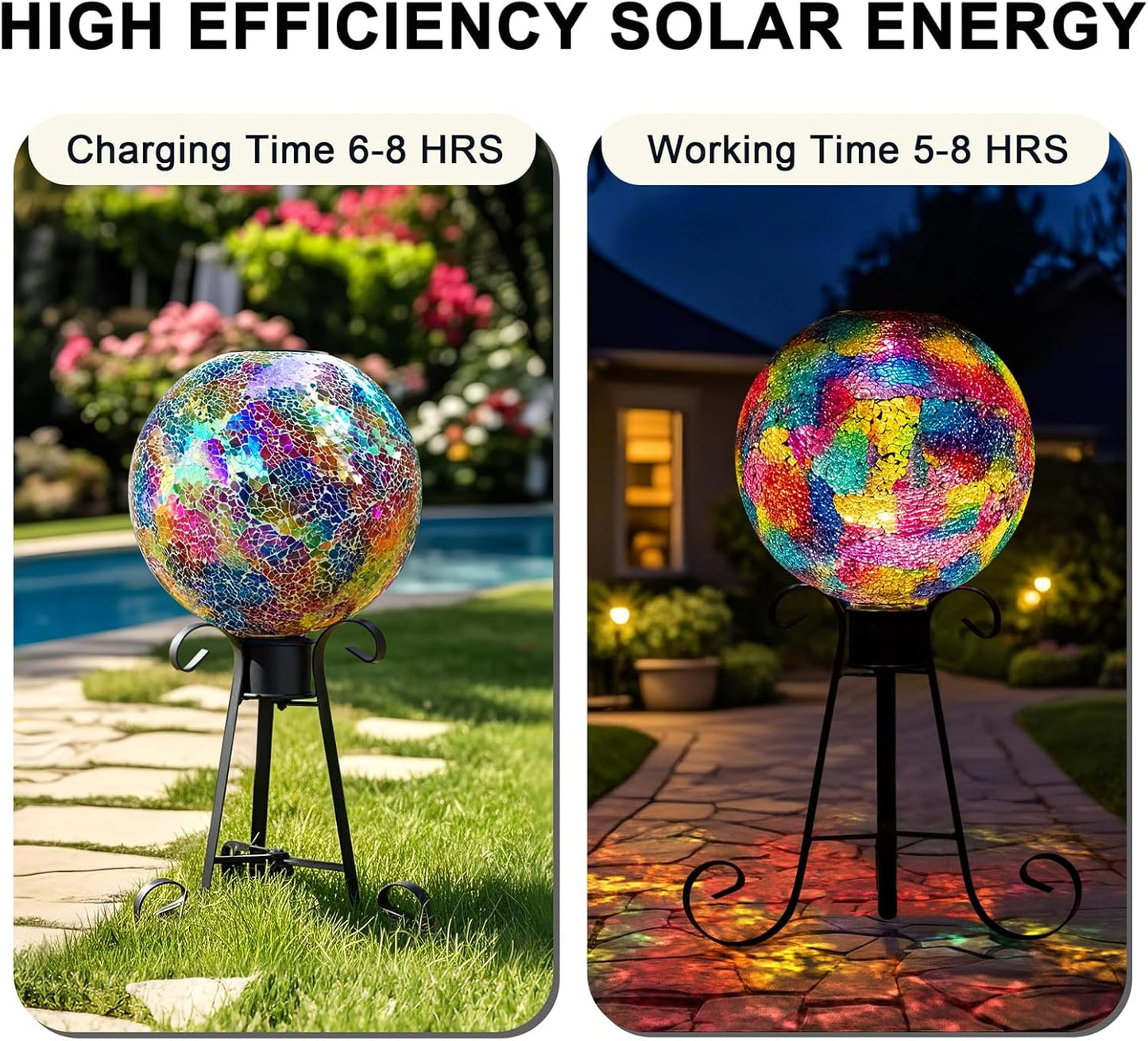 VOREEN Mosaic Solar Glass Gazing Ball, 10 Inch Colorful Gazing Globe, Handmade IP44 Waterproof Garden Decor Outdoor Ornament Sphere for Patio Lawn Yard, Gift for Mom Wife Friend