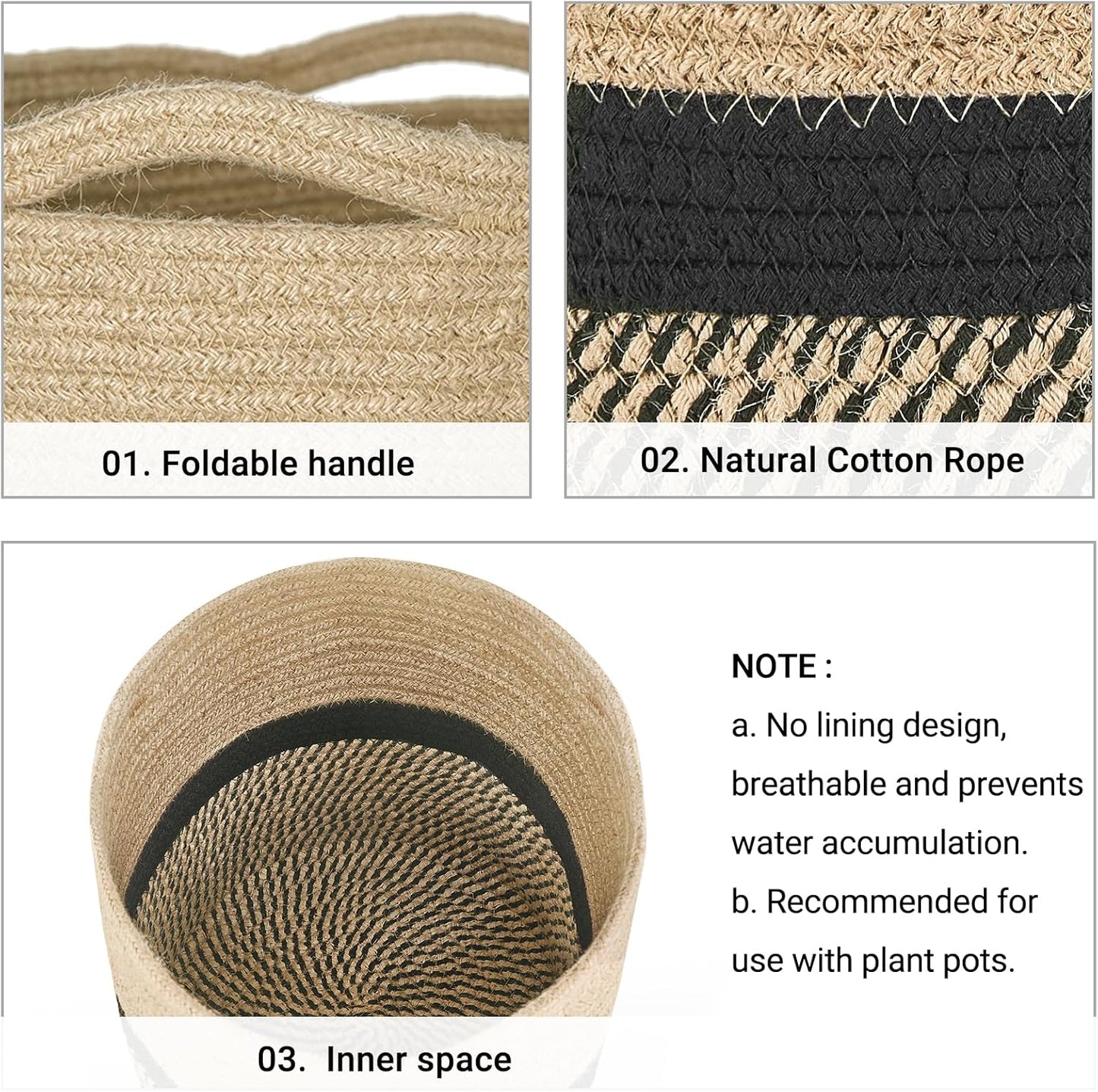 Dahey Jute Rope Plant Basket Modern Woven Storage Basket for 10.5" Indoor Planter, Decorative Flower Pots Cover Laundry Bin with Handle Rustic Home Decor, Black