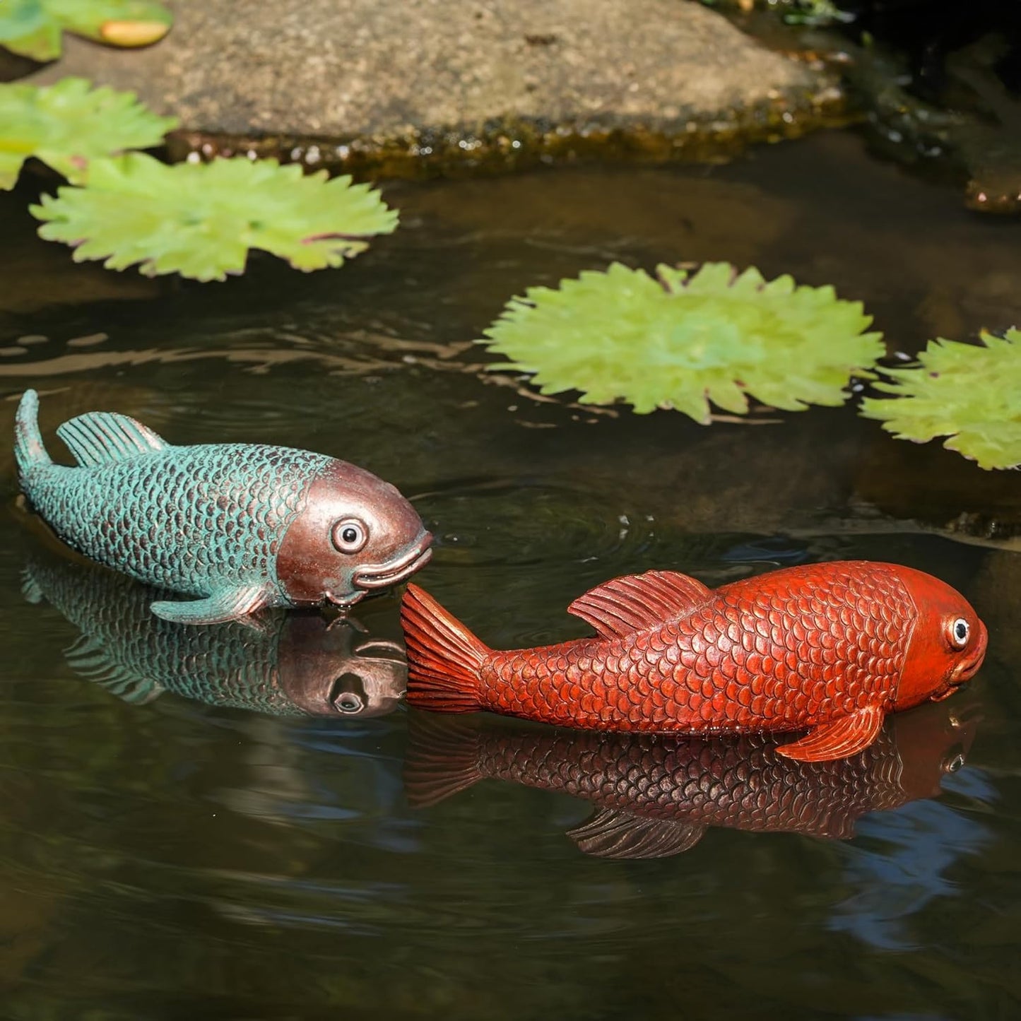 Koi Fish Decor, Set of 2 Antique Koi Garden Statues Art, Pond Accessories, Yard Pond Decor, Large Outdoor Garden Statues Ornaments, Real Fish Sculpture Art (10.8")