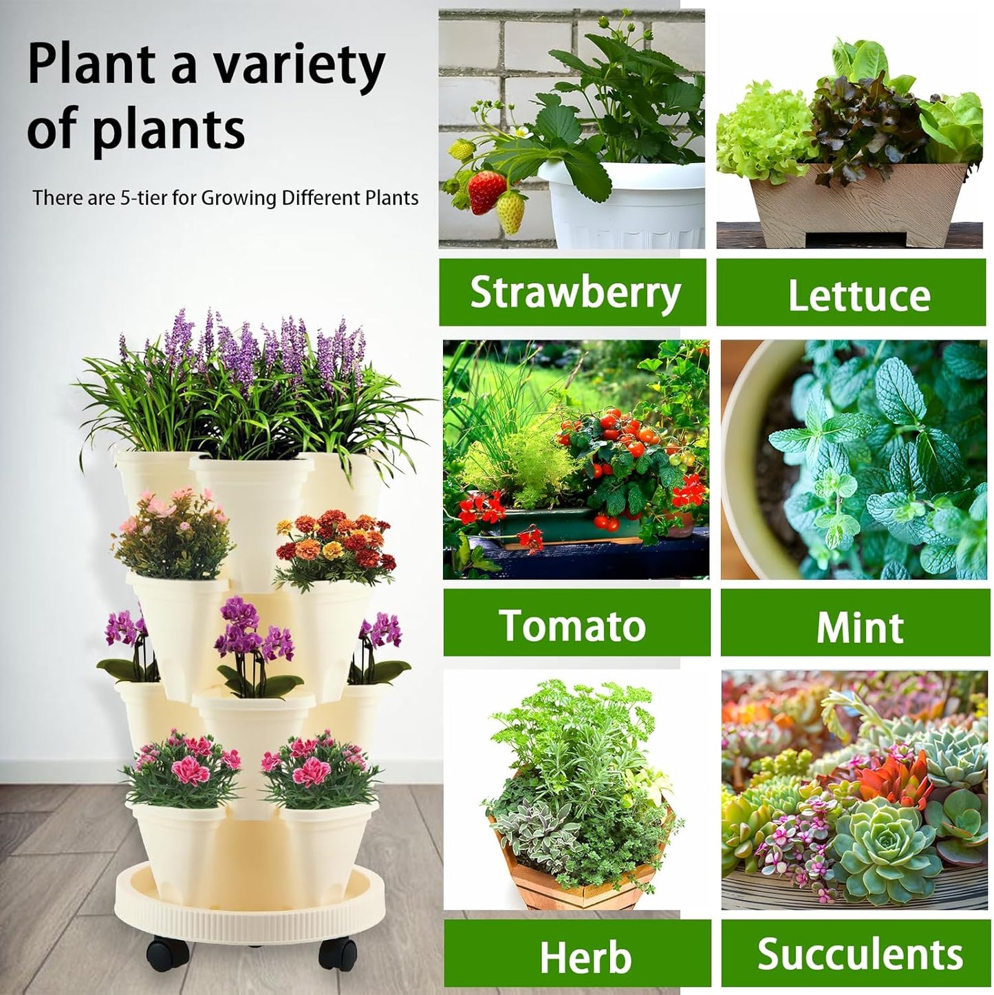4 Tier Garden Tower Strawberry Planter Stackable Vertical Garden Planter for Herb Flowers Succulents and Lettuce Indoor/Outdoor Off-White