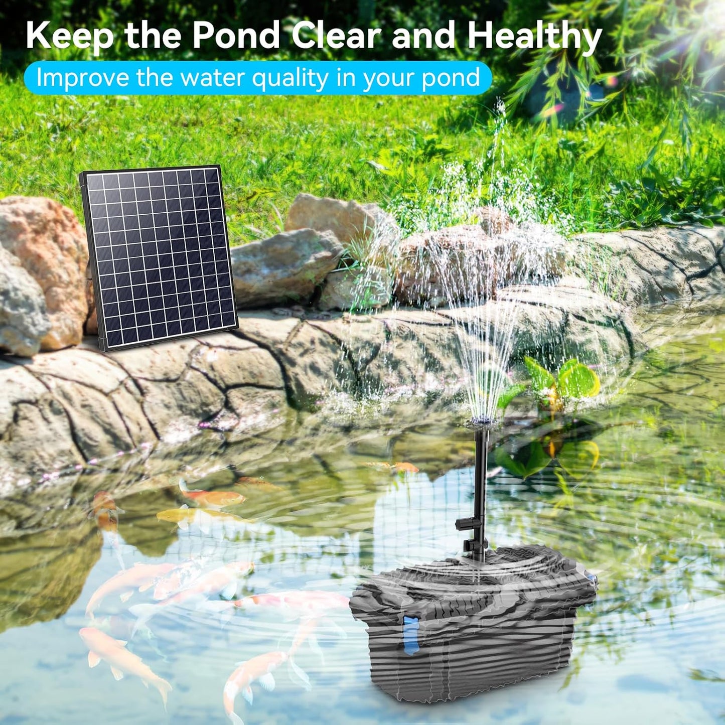 POPOSOAP Solar Water Pump with Pond Filter, 25W Solar Pond Filter with Fountain Pump Water Flow Adjustable, Pond Filter with Tubing for Outdoor Ponds Fish Tank Pool Garden Water Feature Waterfall