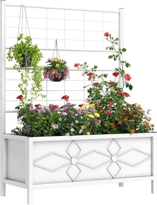 Outsunny Planter Box with Trellis, 35.4 x 15.7 x 47.2 inch Raised Garden Bed with Drainage Holes, Planters for Outdoor Plants, Vegetables, Flowers, Herbs, Trellis Planter, White