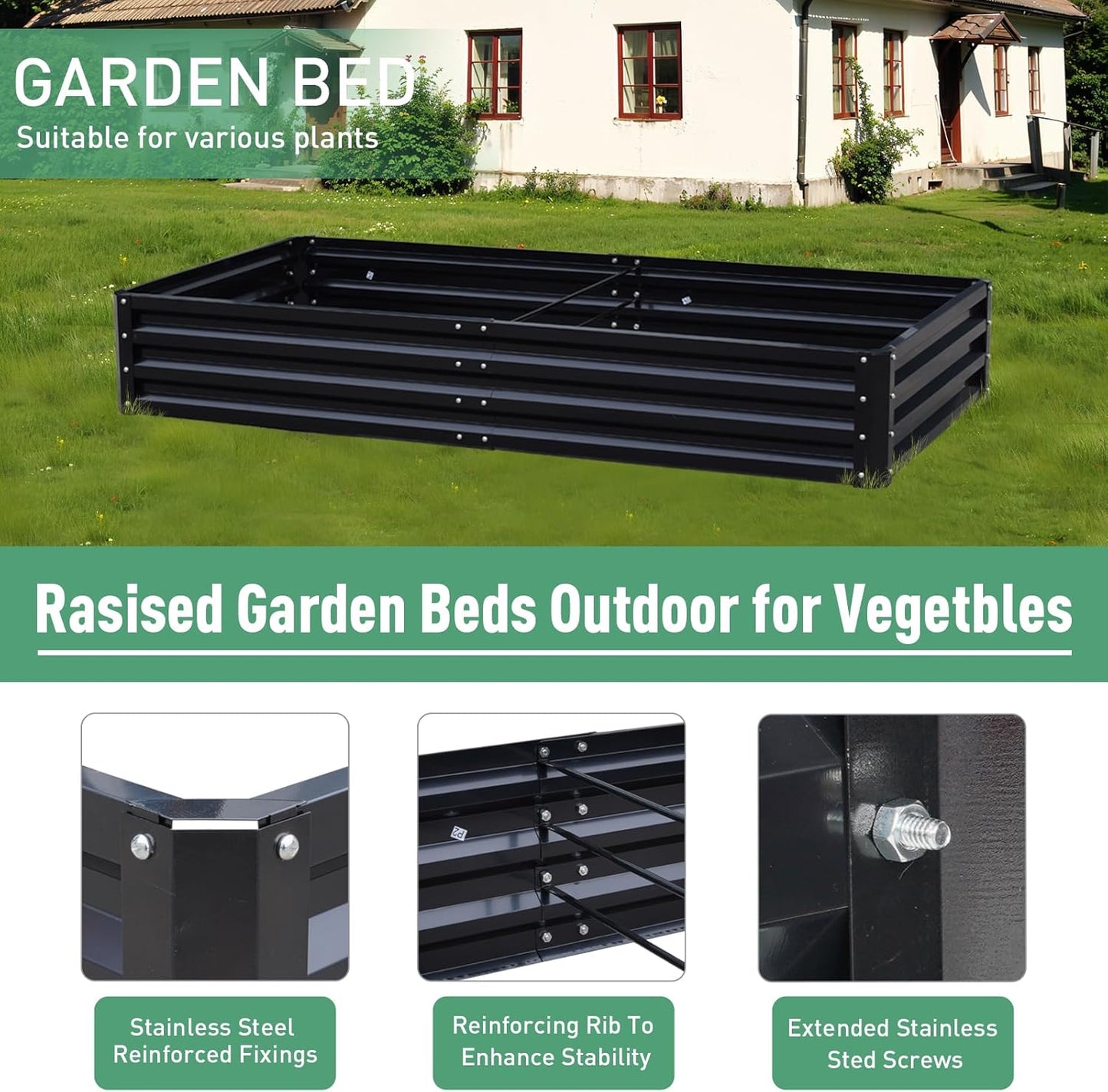 Metal Raised Garden Bed 8x4x1Ft Outdoor Large Metal Galvanized Planter Boxes Kit for Vegetables, Flowers, and Herbs,Garden Beds with 2Pcs Tomato Cage 1Pc Gloves,Black