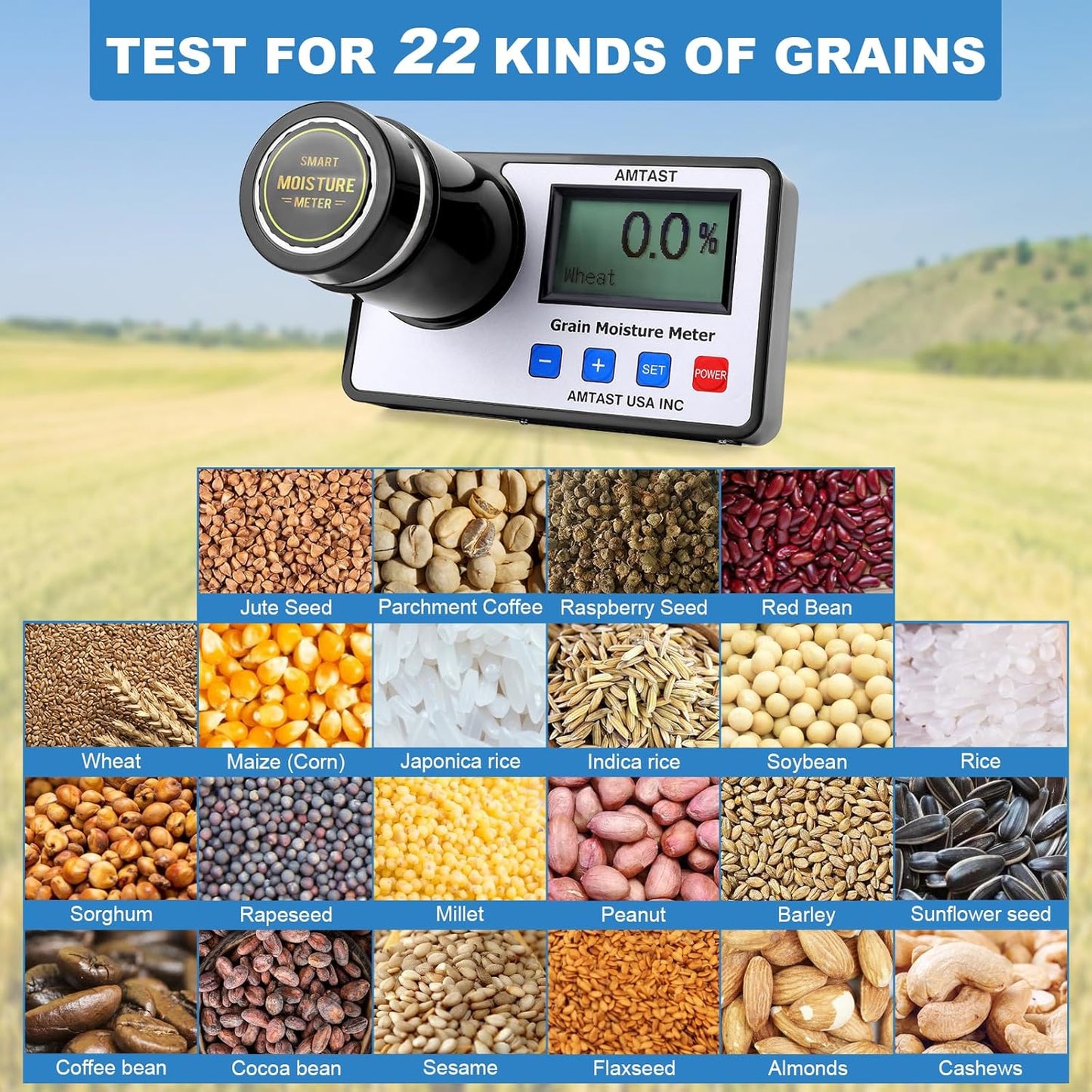 Grain Moisture Meter High Precision Grain Moisture Tester with Temperature Compensation Portable Seed Moisture Meter for 22 Grains Including Wheat, Soybean, Coffee and More