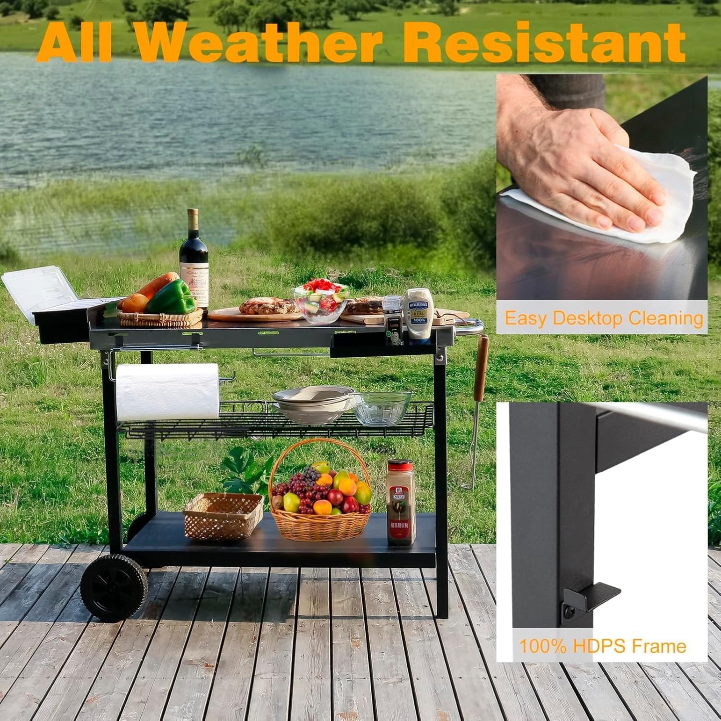 Outdoor Grill Cart, 500lb Dining Cart Table with Three-Shelf, Stainless Steel Rolling Movable Food Prep and Work Table