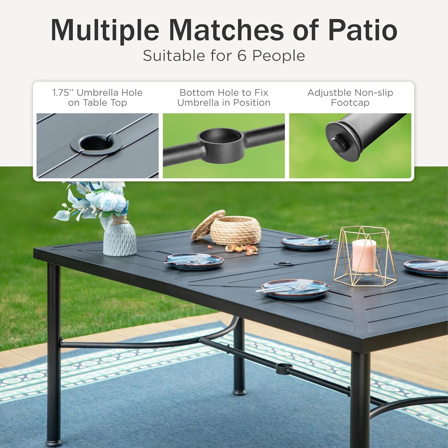 PHI VILLA 64" Large Metal Patio Dining Table Steel Rectangular Outdoor Table, Weather-Resistant Table with 1.77" Umbrella Hole for Lawn Backyard Garden, Black
