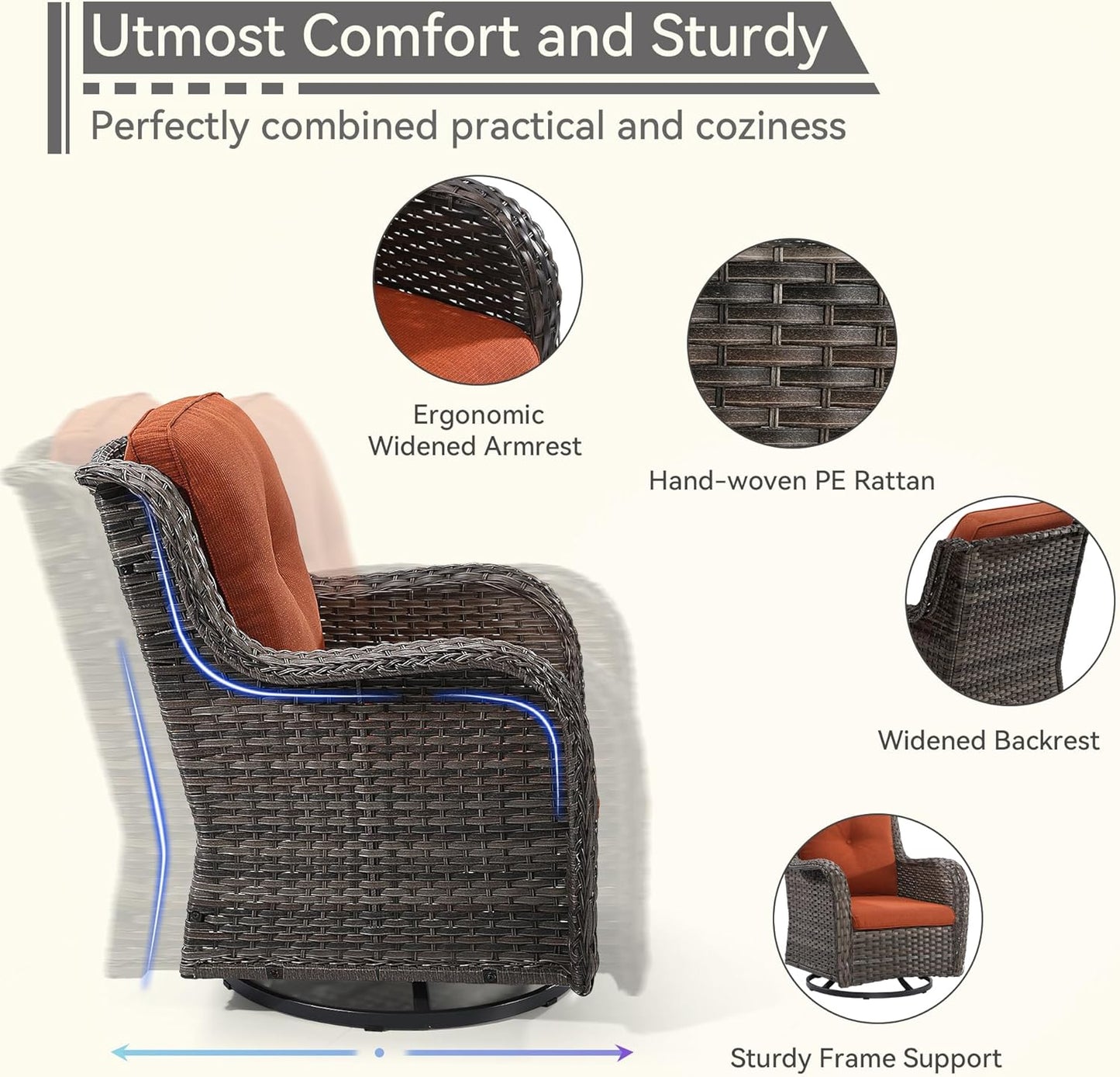 Outdoor Swivel Rocker Patio Chair - Outdoor Wicker Patio Chair with Olefin Fabric Cushions, Suitable for Backyard Deck and Porch, Orange