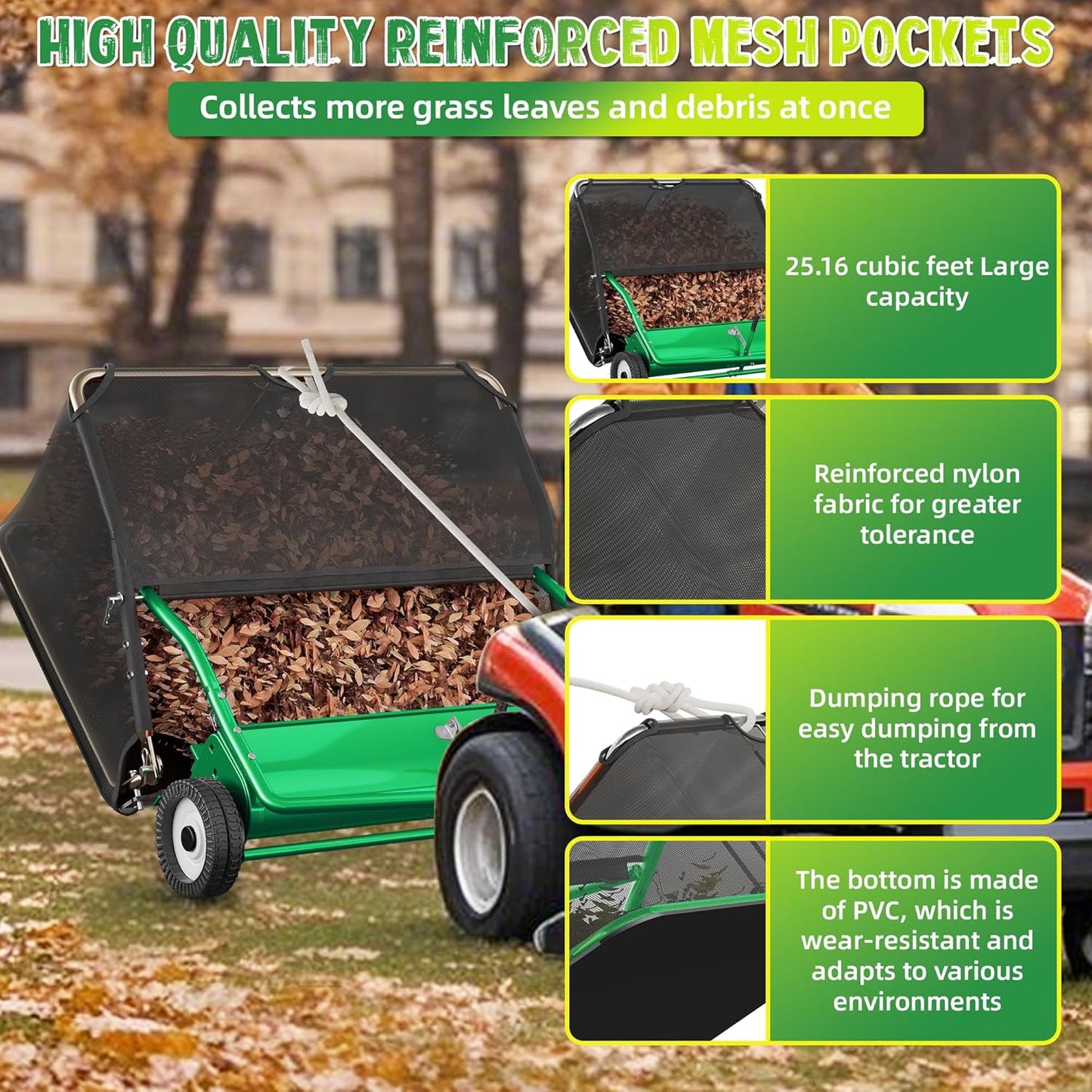 48" Lawn Sweeper Tow Behind - Pull Behind Grass Catcher with 25.16 cu. ft Large Hopper, Heavy Duty Leaf & Grass Collector, Adjustable Brush Height Lever and Dumping Rope, Lawn and Yard Cleanup Tool