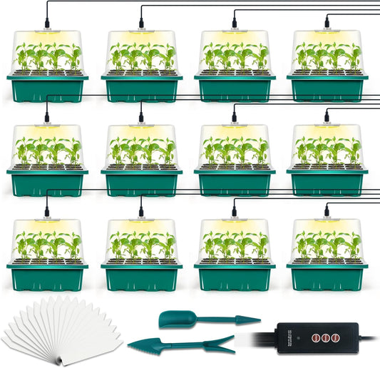 12-Set Seed Starter Tray with Grow Light, Seed Starting Trays Kits with Timing Controller Adjustable Humidity Domes Heightened Lids(12-Cells Per Tray)