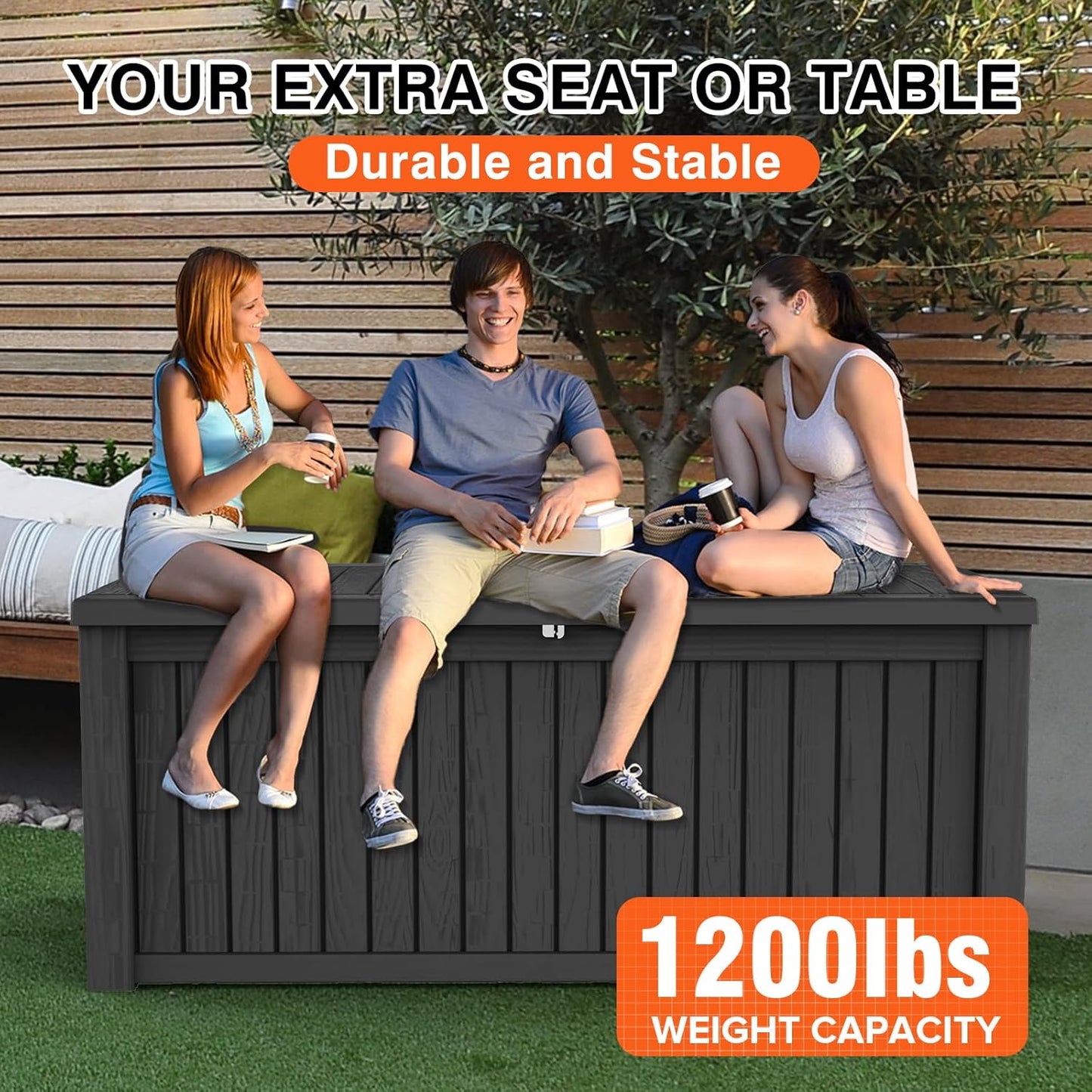 150 Gallon Double-Wall Resin Deck Box - Lockable Waterproof Outdoor Storage Box, 1000lbs Capacity & Doubles as Seating for Patio Furniture - Garden Tools, Pool Accessories (Black)