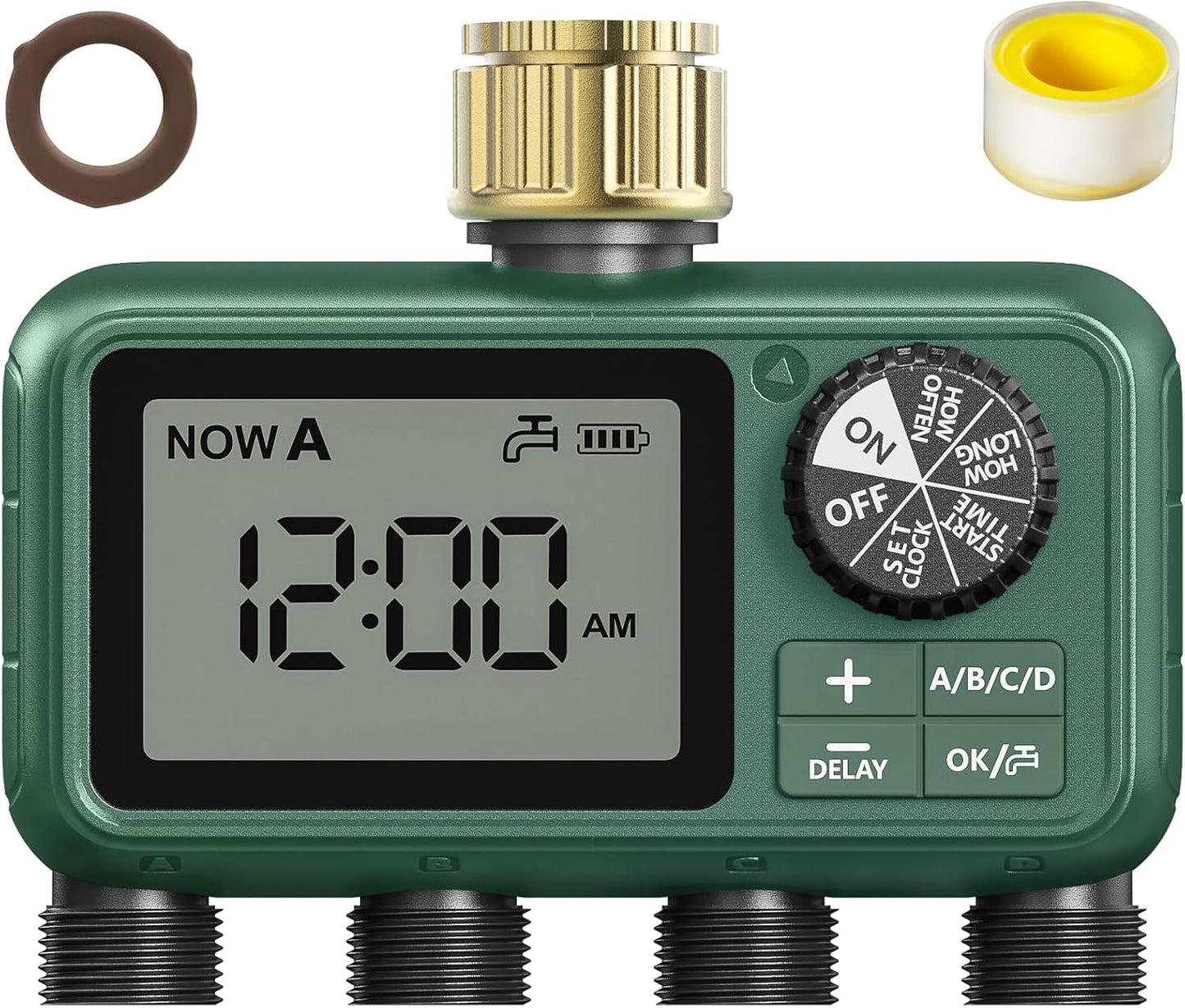 4 Zone Sprinkler Timer with Brass Inlet,Programmable Water Timer for Garden Hose with Rain Delay, Manual& Automatic Watering System,Programmable Digital for Lawn Yard,4 Zone