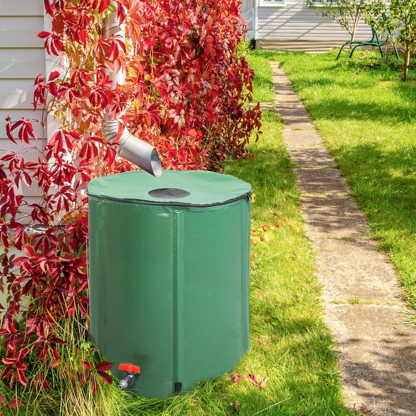 50 Gallon Collapsible Rain Barrel, Rain Catcher Barrel, Portable Rainwater Collection System with Volume Scale Mark, Spigots and Overflow Kit, Rain Water Barrel Collector for Garden, Green