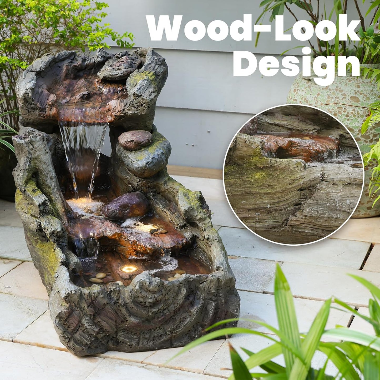 32.5" L Garden Outdoor Water Fountain, Floor Standing Cascading Realistic Tree Trunk Natural Waterfall Outdoor Fountains with LED Lights for Patio, Porch, Home Art Decor