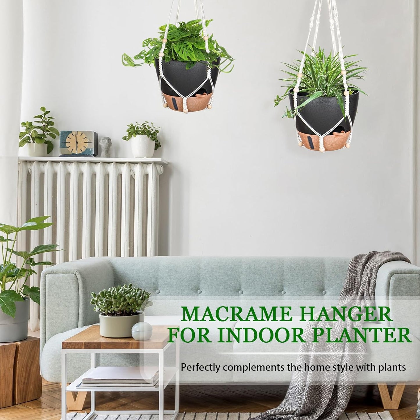 10 Inch Hanging Planters for Indoor Plants, 2 Pack Self Watering Hanging Baskets Flower Pots with Drainage Hole, Visual Reservoir & 2 Kinds of Plant Hanger for Outdoor Garden Home Decor（Black）