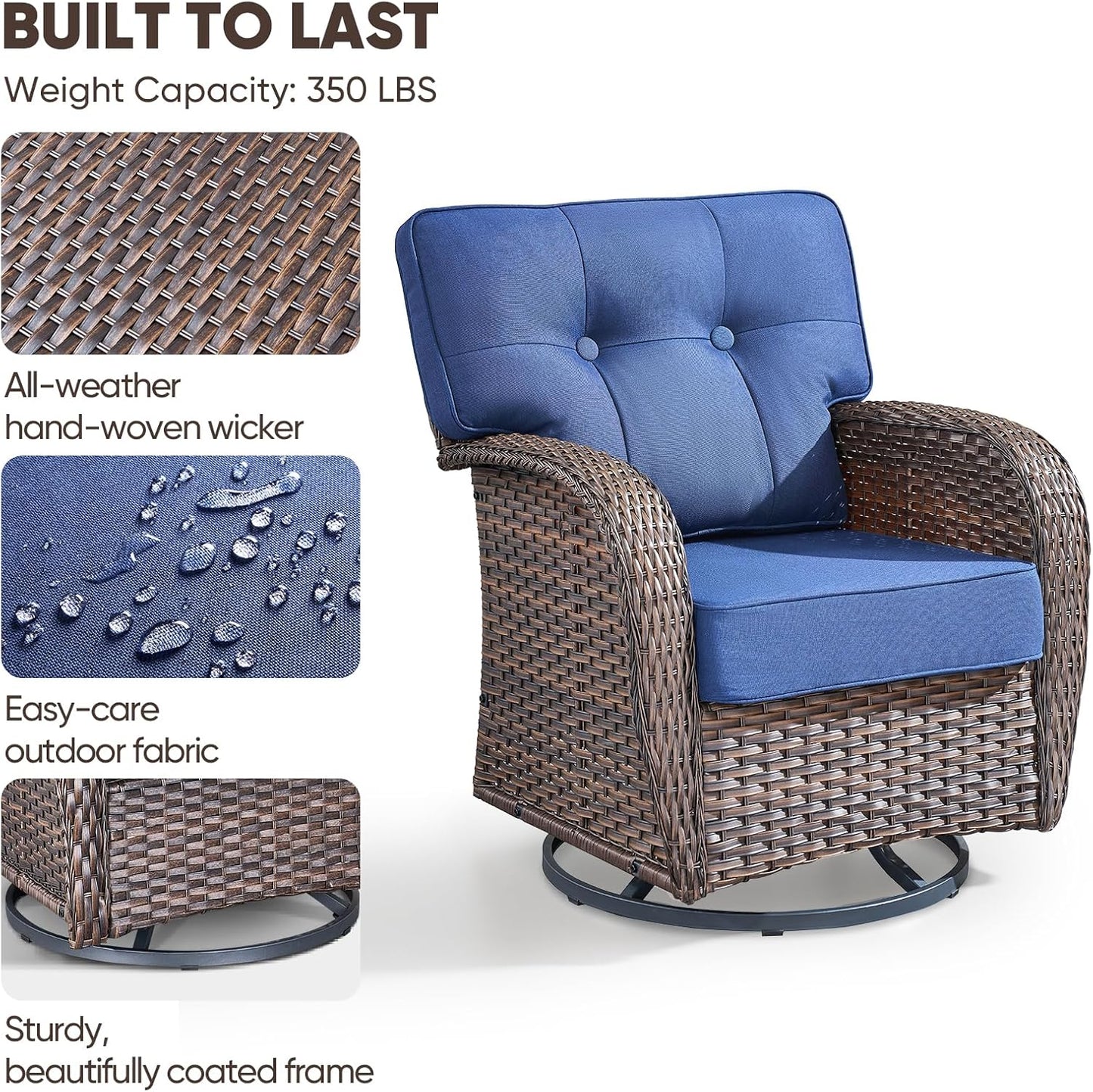 4-piece rotating balcony chair set with 31-inch T-shaped wide backrest - rattan outdoor rotating balcony chairs, wide backrest comfortable outdoor sliding chair - Brown Rattan | Blue Cushions