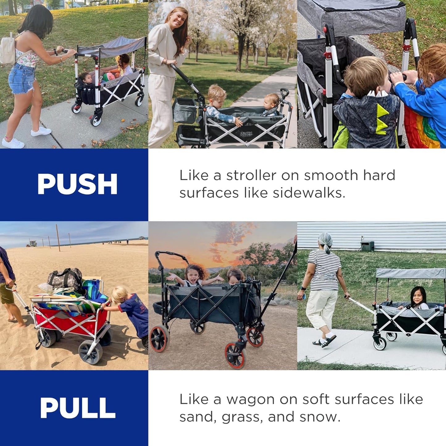 Creative Outdoor Wagon for Kids Push Pull Collapsible Stroller Folding Cart | Silver Series | Beach Park Garden & Tailgate | Navy Blue