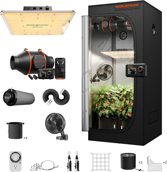 Spider Farmer EVO Grow Tent Kit Complete 2.3x2.3 SF-1000 Samsung LM301H Dimmable, Complete System 28"x28"x63" Grow Tent Set 4" Ventilation System with GGS Smart Controller & 6'' Clip Fan