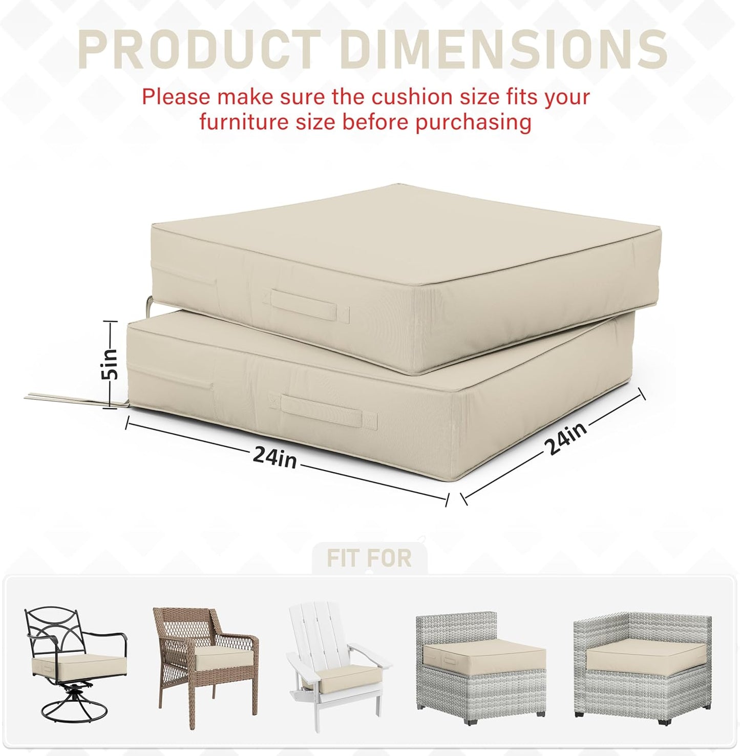 Patio Chair Cushions 24 X 24 X 5 Inch Waterproof Outdoor Seat Cushions for Patio Furniture, Outdoor Sofa Couch Pads with Ties & Handle, Set of 2, Cream