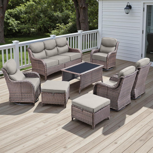 Wicker Outdoor Patio Furniture Set - 8 Piece Patio Conversation Sets with Swivel Rocker Chairs, Ottomans, Sofa and Coffee Table, 6 inch Cushions, Deep Seating, for Porch Deck Brown/Beige