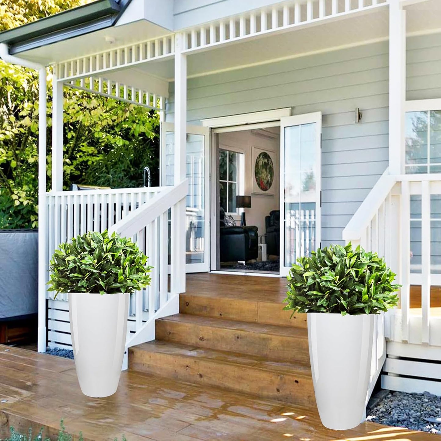 21 inch Tall Planter Indoor Outdoor, Set of 2 Tall Outdoor Planters for Porch Large Planter Pot with Drainage Hole for Home Garden Front Door (White)